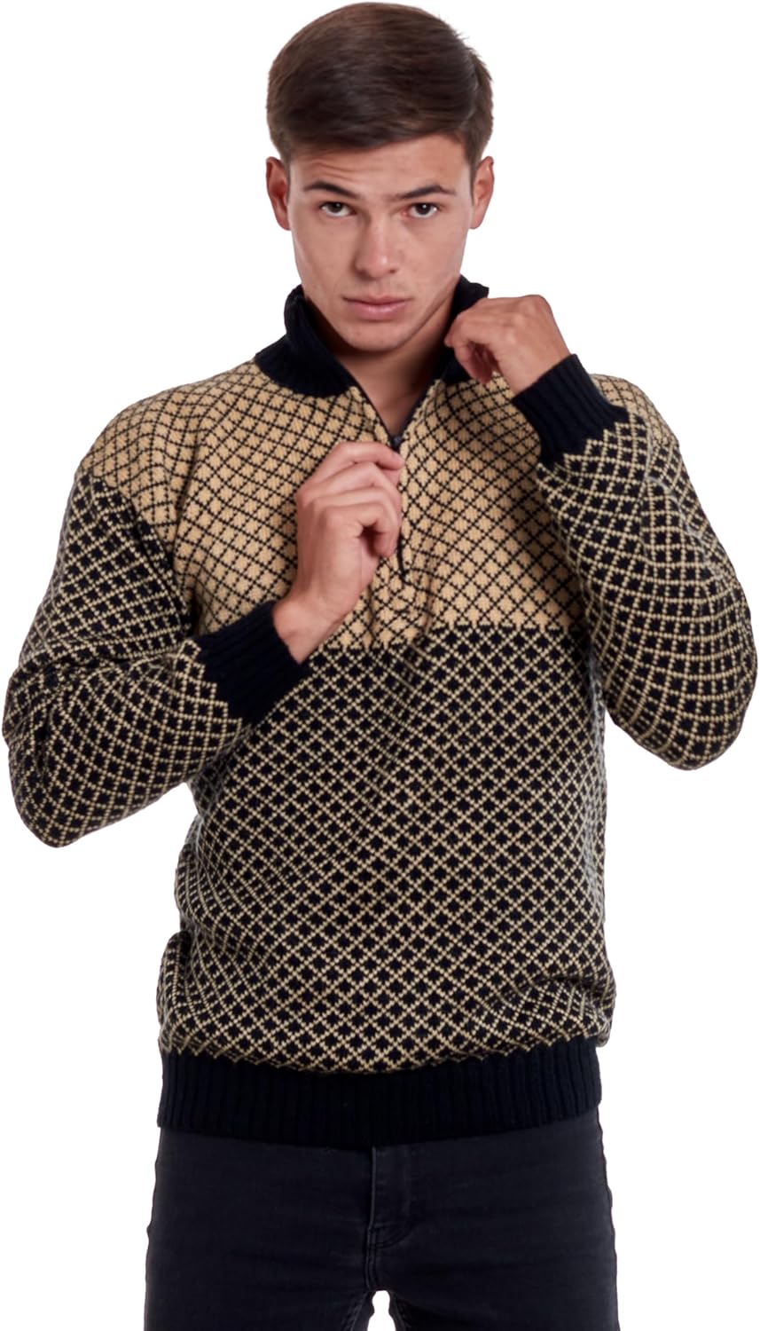 Men’s Soft Half-Zip Modern Beige and Black Alpaca Pullover Sweater