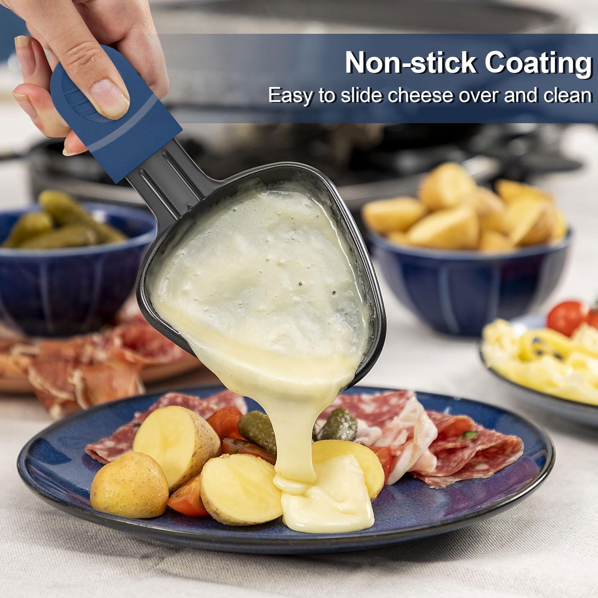 ipow 8 Stück Raclette Pfännchen Ersatz Mini Pfännchen Antihaftbeschichtet dreieckig für Raclette mit 8 Holzschaufeln und bunten Isoliergriffen