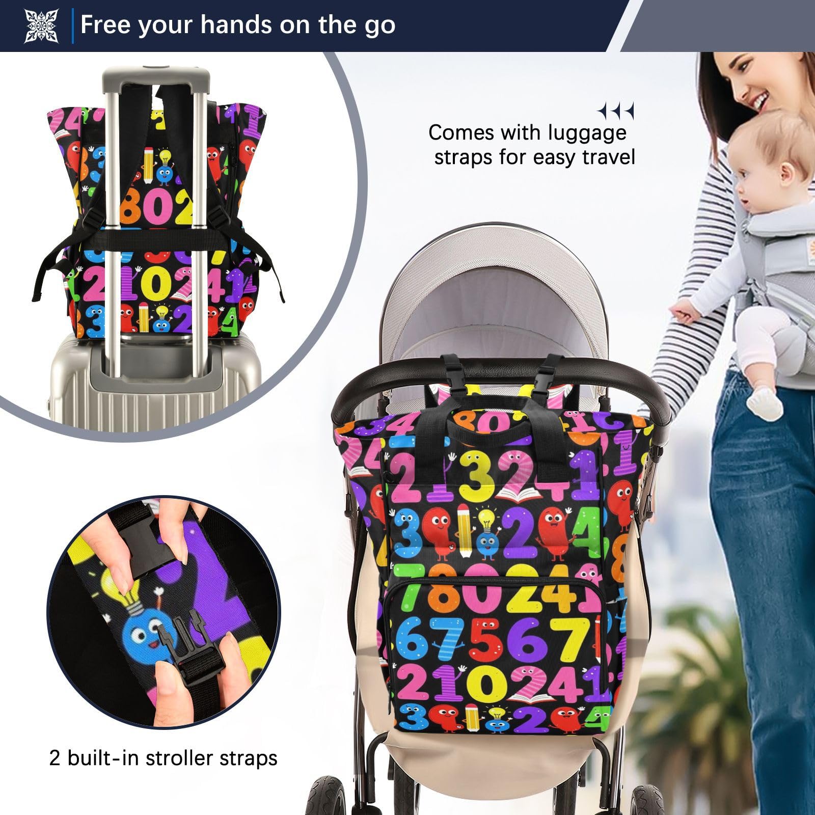 Zaino per pannolini da donna, con numeri colorati