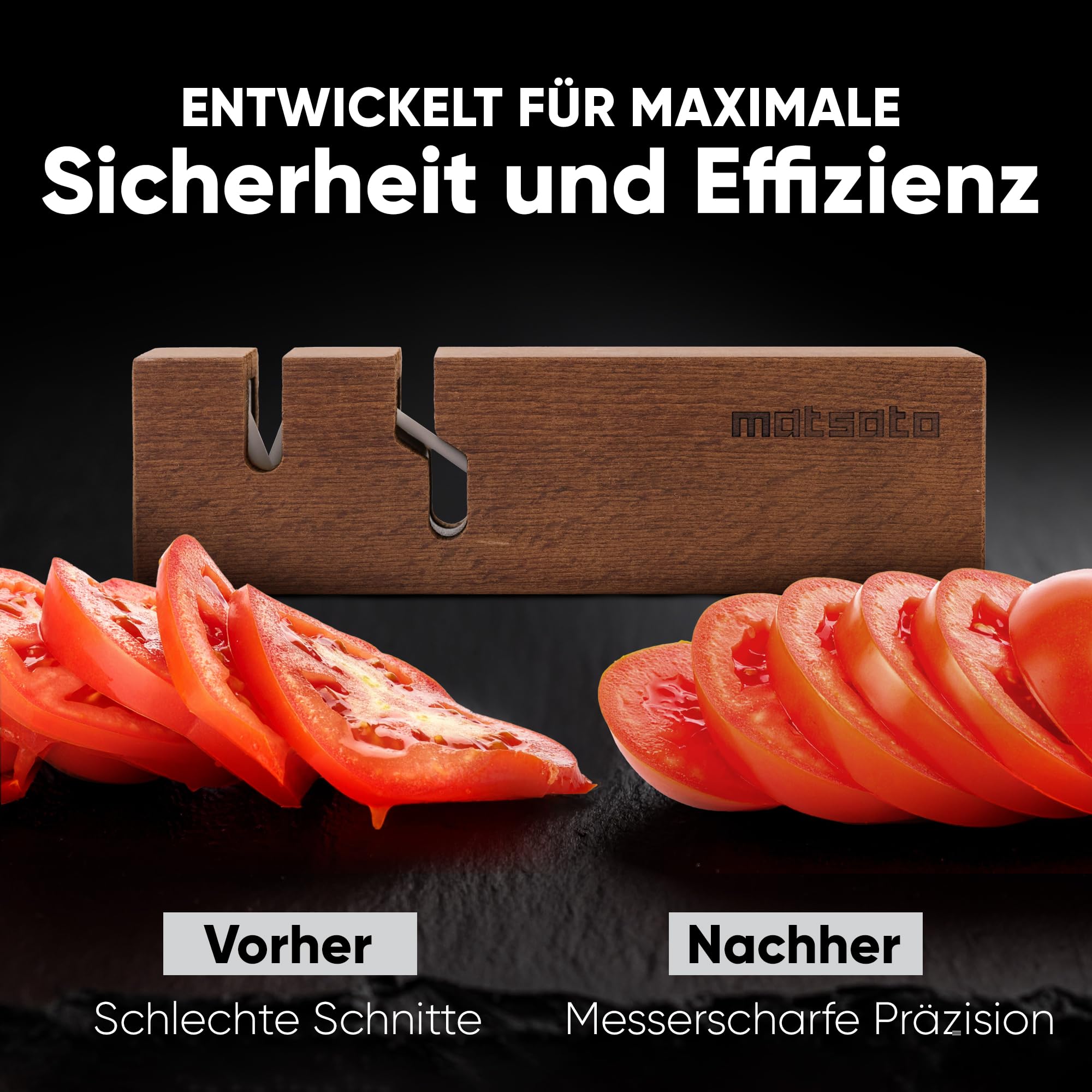 Matsato Messerschärfer 2-in-1 – Schärfgerät für Küchenmesser & Scheren, Keramik-Schleifstäbe, Buchenholz, Knife Sharpener