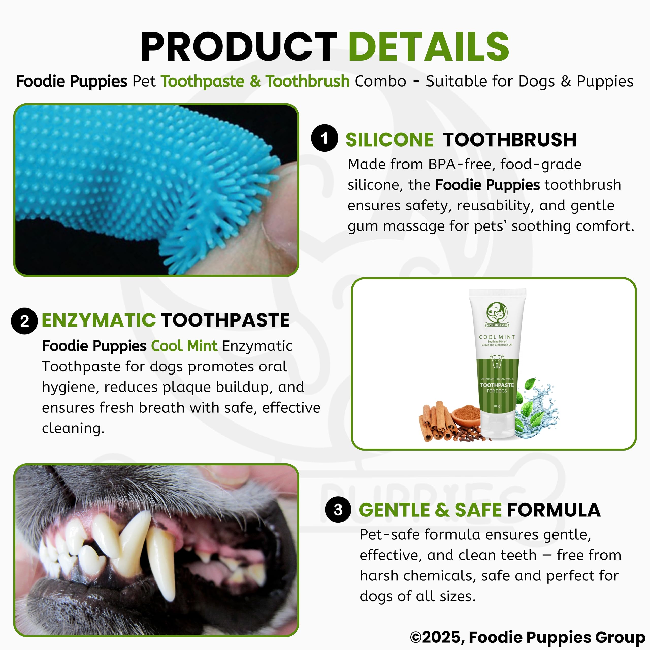 Foodie Puppies Dental Care Kit for Dogs and Puppies | Combo of Cool Mint Toothpaste for Dogs - 100gm and Silicone Finger Toothbrush | Reduces Plaque & Tartar 1