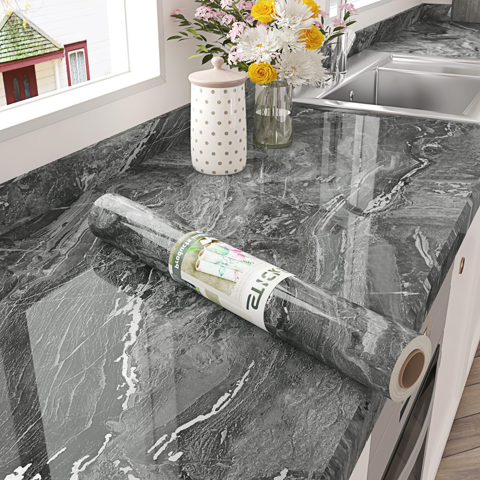 STICKEEP Silver Black Marble Contact Paper for Countertops Kitchen Wallpaper Dark Marble Wallpaper Peel and Stick Counter Contact Paper Waterproof