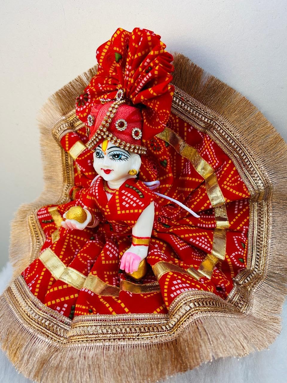 Buyagain Kanha Ji/Thakur Ji Dress/Poshak/Pagdi, Made of Silk Cloth, Combo of a Total 2 Items 1 Poshak, 1 Mukut, of Gopal ji Idol, Dress Idol Size-(2)