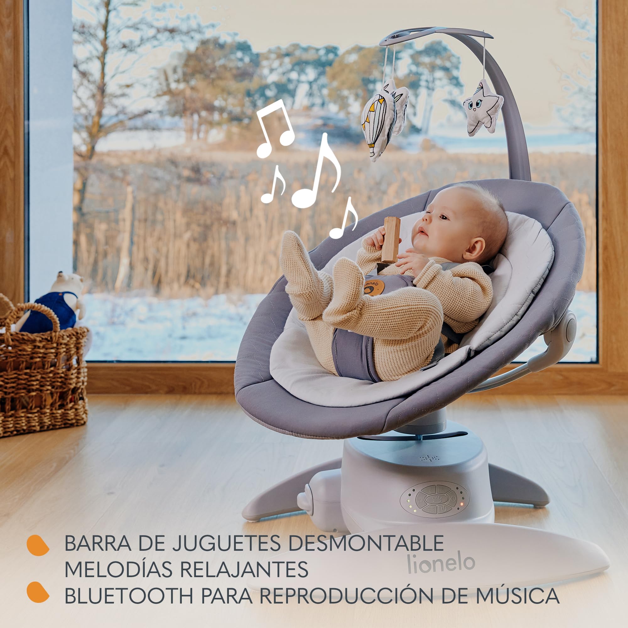 lionelo MELL Mecedora para Bebés 360° Ajustable con 5 Velocidades, Seguridad con Arnés 5 Puntos, 12 Melodías, Bluetooth, Hamaca Ergonómica con Almohada de Bambú, Silla Silenciosa y Lavable (Grey)