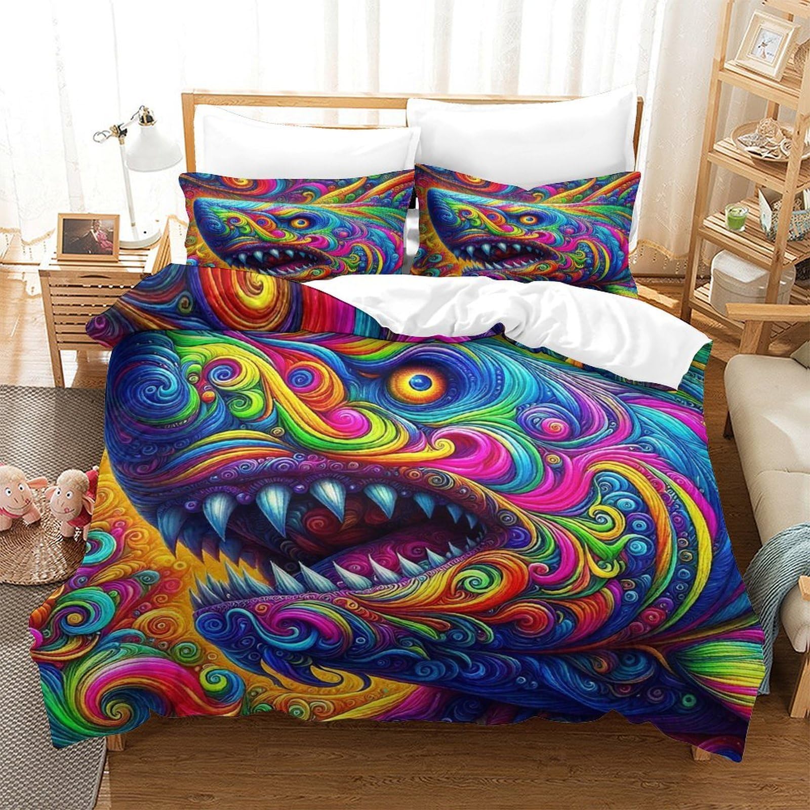 Housse de couette requin 140x200 cm avec taies en microfibre pour enfant