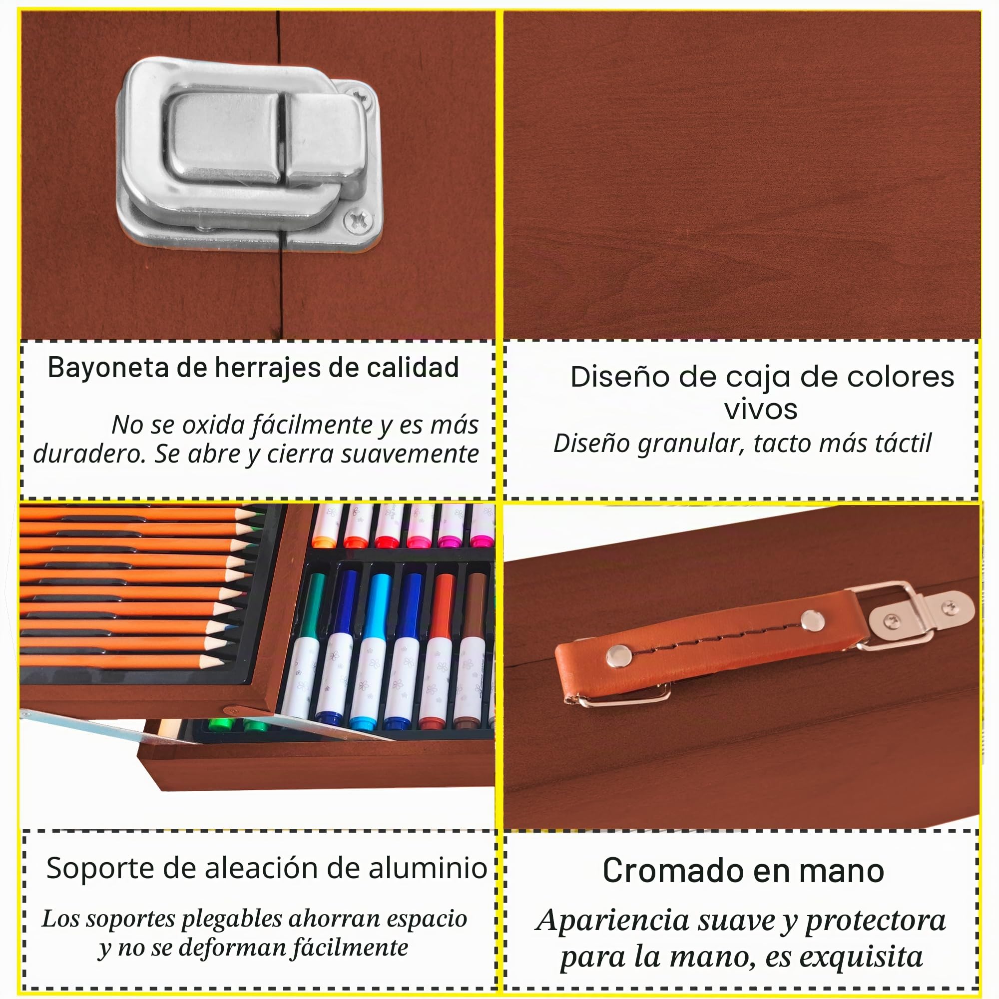 KINSPORY Maletin Pinturas para Niños, 139 piezas Juegos de Dibujo, Acuarelas Lapices con caja de madera (Marrón)