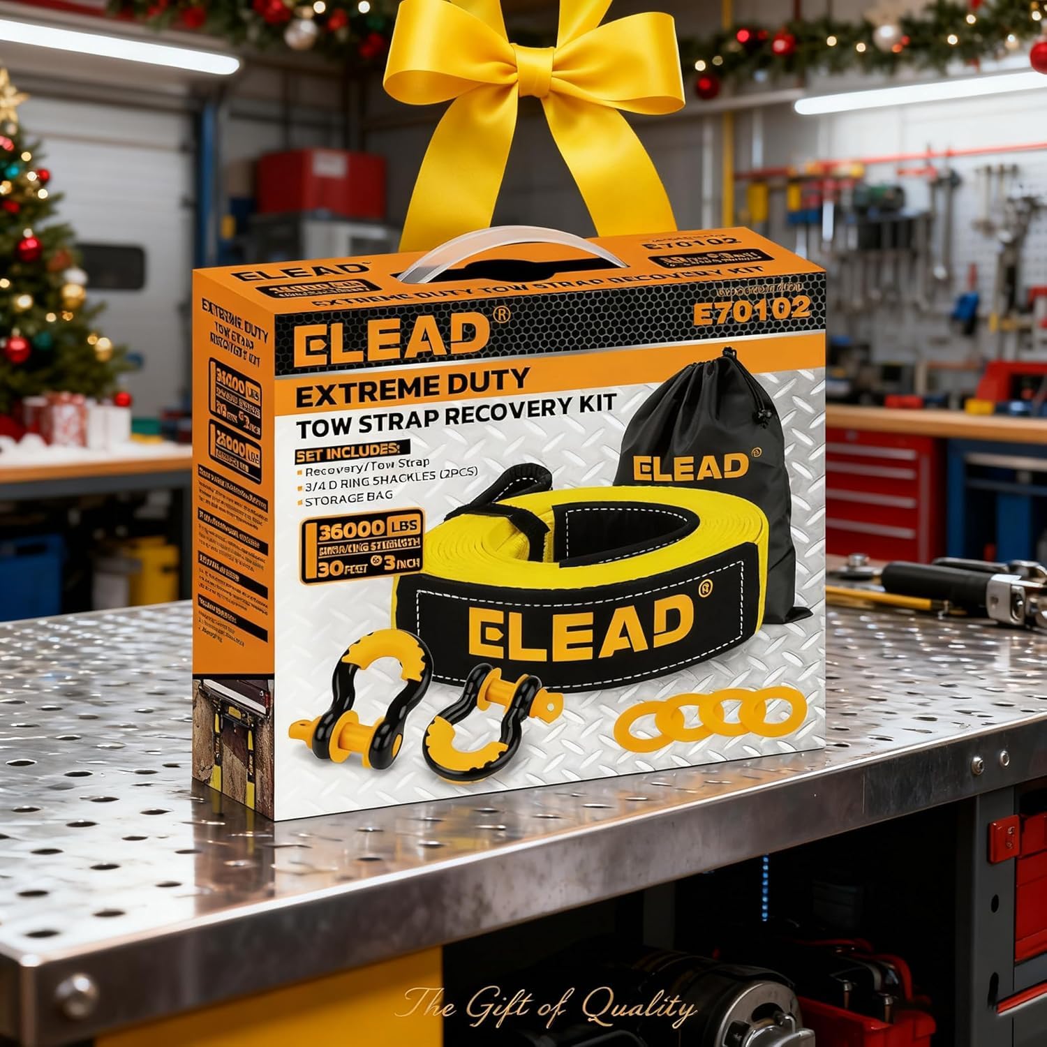 ELEAD Cinghia di traino per recupero, resistente, con ganci, 7,6 cm x 9,6 m, resistenza alla rottura di 16,329 kg, anelli a D 3/4 (2 pezzi), cinghia di recupero di emergenza per camion, SUV