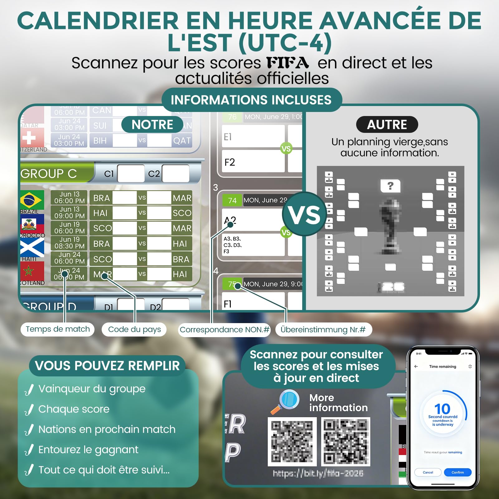 Calendrier Coupe du Monde 2026 QR code scores en direct 84.1x59.4 cm grand format police large Cadeau Fête des Pères