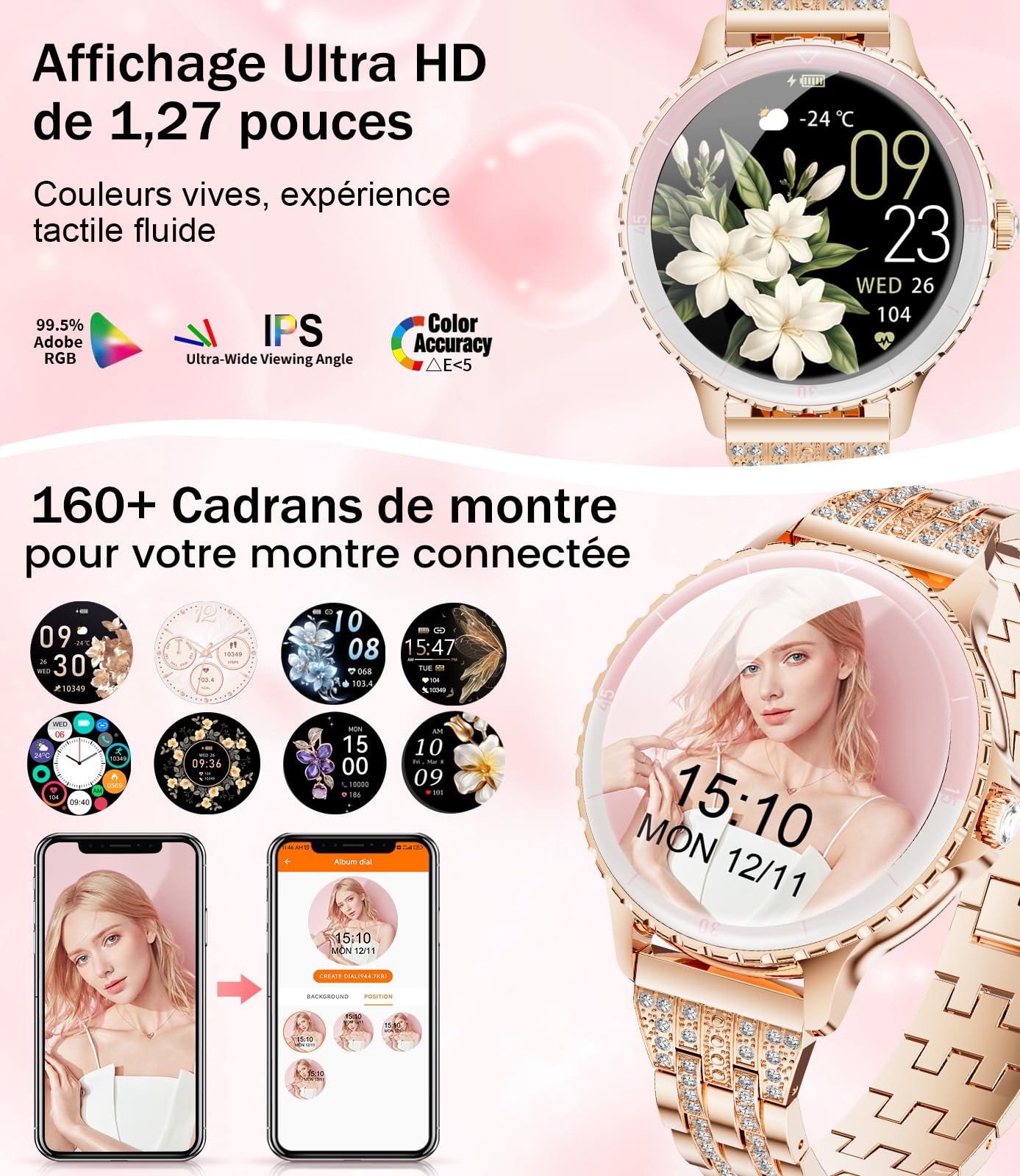 LIGE Montre connectée Femme Appels Téléphonique pour Android iOS 1,27" HD Rose Doré Acier Inoxydable Diamant Smartwatch Ronde,Fréquence Cardiaque,Moniteur de Sommeil,Podomètre,Calories,100+ Mode Sport