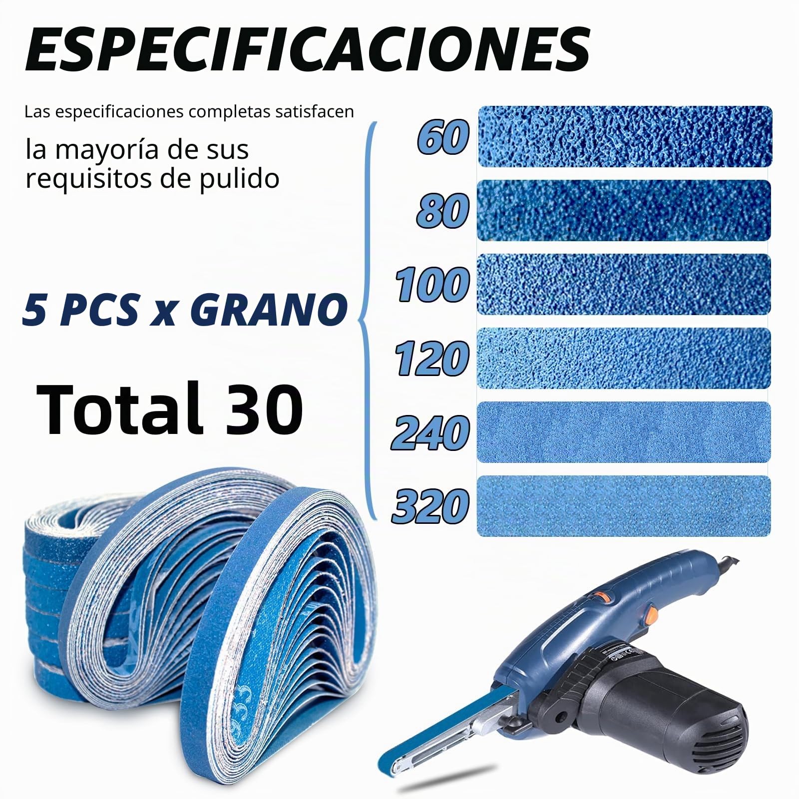 Banda de lijado 13 x 457 mm, 5x60/80/100/120/240/320 arena gruesa, para paño abrasivo de metales pesados ​​Black & Decker Powerfeile-Y, un juego de 30 bandas abrasivas