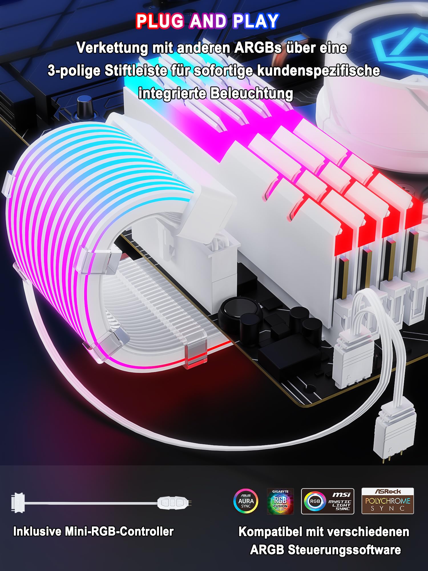 Sirlyr RGB PSU-Kabelverlängerung, ARGB PC-Netzteilkabel mit weichen LED-Streifen und PVC-ummanteltem Verlängerungskabel, 16AWG 24 Pin ATX Dual 8 Pin PCIE Set | 16 AWG PVC-ummanteltes Kabel, 24-poliger ATX und Dual-8-poliger PCIe, integrierte ARGB-LED-Stre