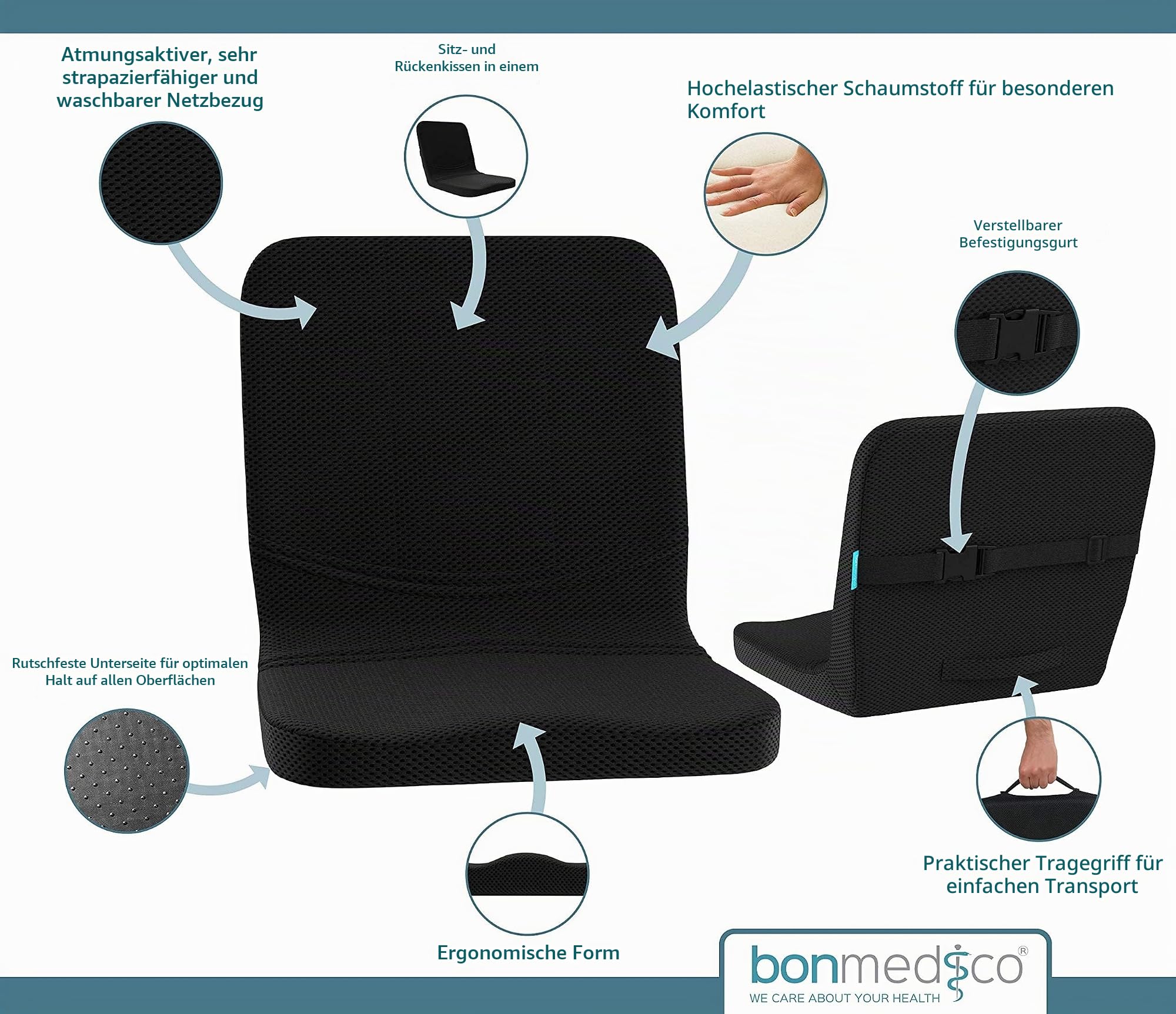bonmedico Orthopädisches Sitzkissen und Rückenkissen 2-in-1 | ergonomische Lordosenstütze mit hochflexiblem Schaumstoff für Bürostuhl, Auto und Zuhause, Ideal als Keilkissen
