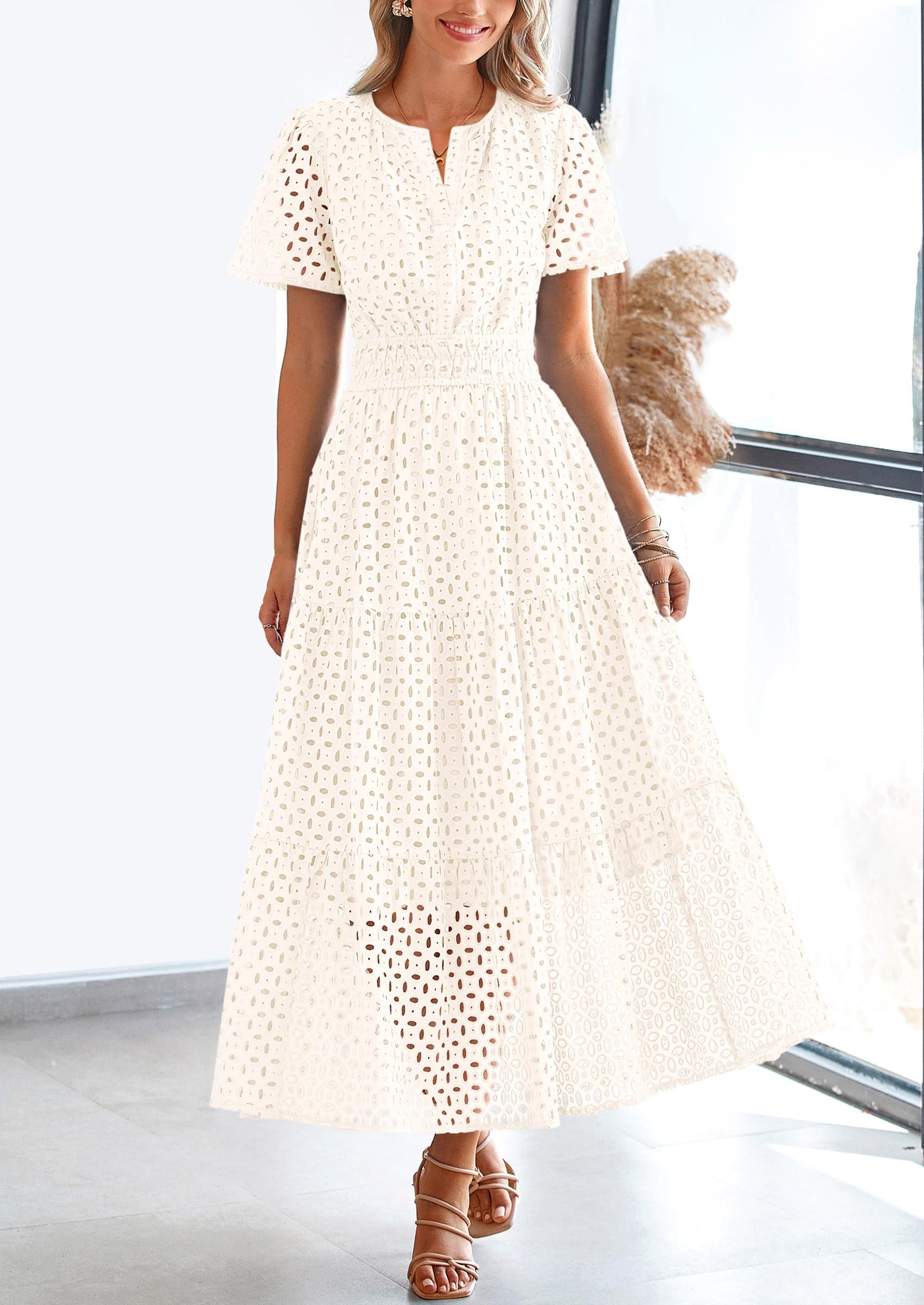 PRETTYGARDEN Womens 2026 Summer Maxi Dress Short Sleeve V Neck Hollow Out Eyelet A Line Long Flowy Beach Vacation Dresses: White Medium