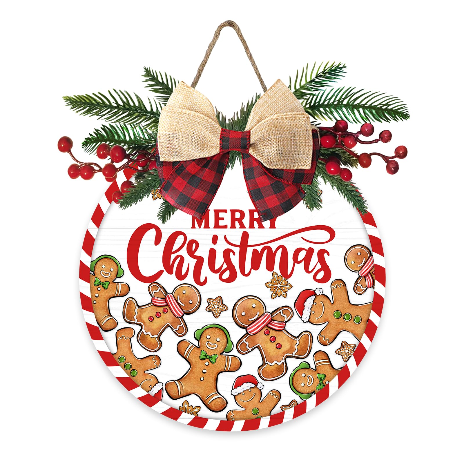 Deroro Merry Christmas Gingerbread Man Front Door Sign, Xmas Holiday Striped Wood Door Hanger Outdoor Outside Porch Decor, Rustic Wooden Wreath with Plaid Bow Red Berry Indoor Wall Hanging Decoration