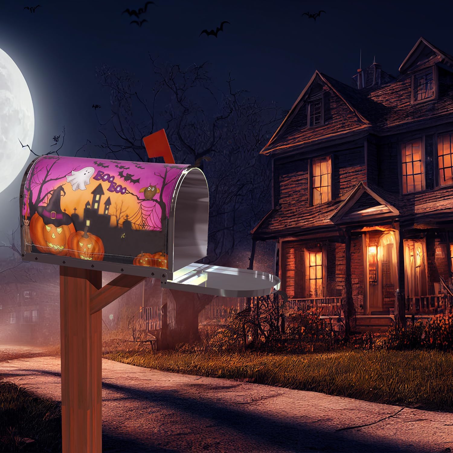 PEUTIER Halloween Magnetic Mailbox Cover, 21x18in Pumpkin Ghost Post Box Cover Purple Mailbox Cover Wraps Mailbox Covers Magnetic for Garden Yard Decor