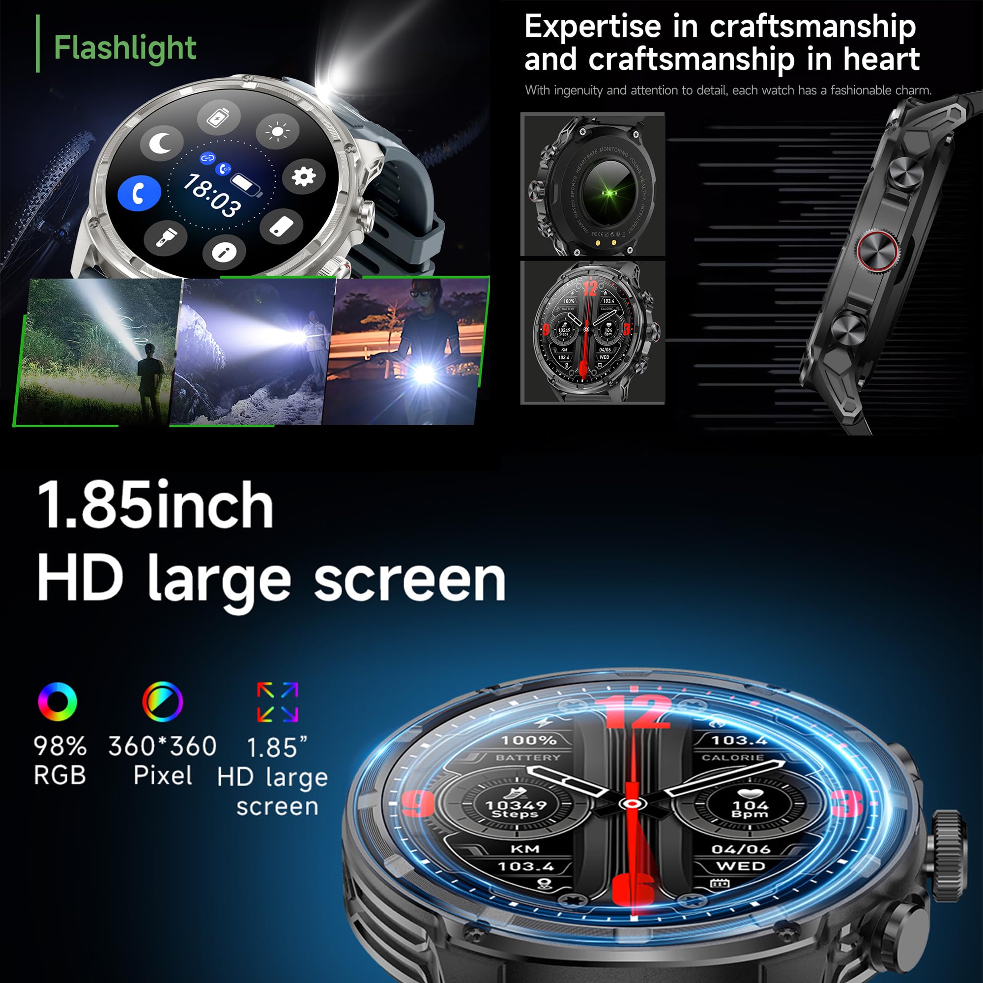 Montre connectée pour homme avec fonction téléphone, lampe de poche, 1,85" AMOLED 5ATM, tracker d'activité, 123 modes sportifs, moniteur de pression artérielle, moniteur de sommeil, podomètre