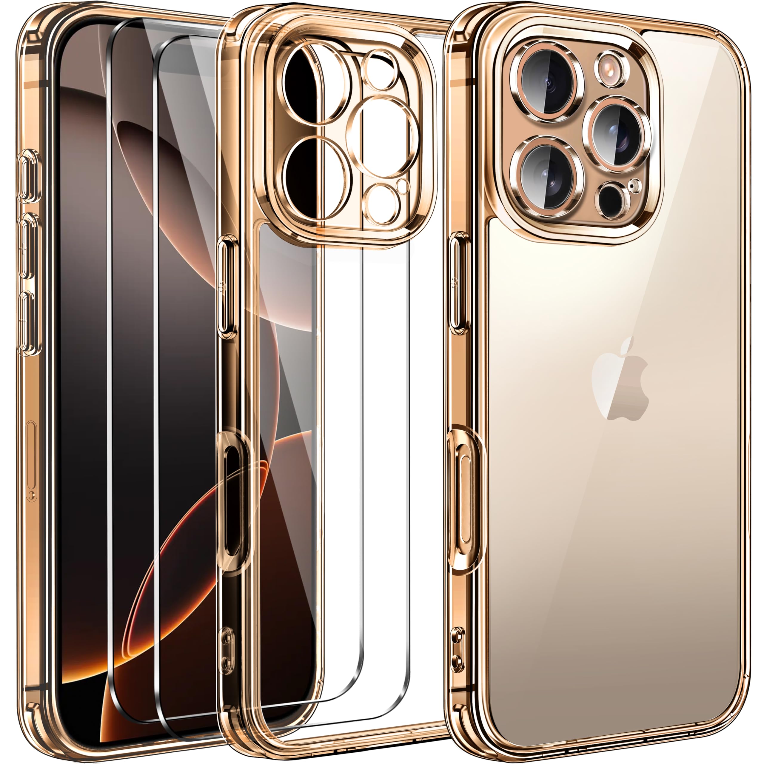 iVoler Cover Chiaro per iPhone 16 Pro Max con 2 Pezzi Pellicola Vetro Temperato, [Antiurto di Grado Militare][Protezione Fotocamera] Custodia Trasparente Sottile Anti-Ingiallimento Case - Oro
