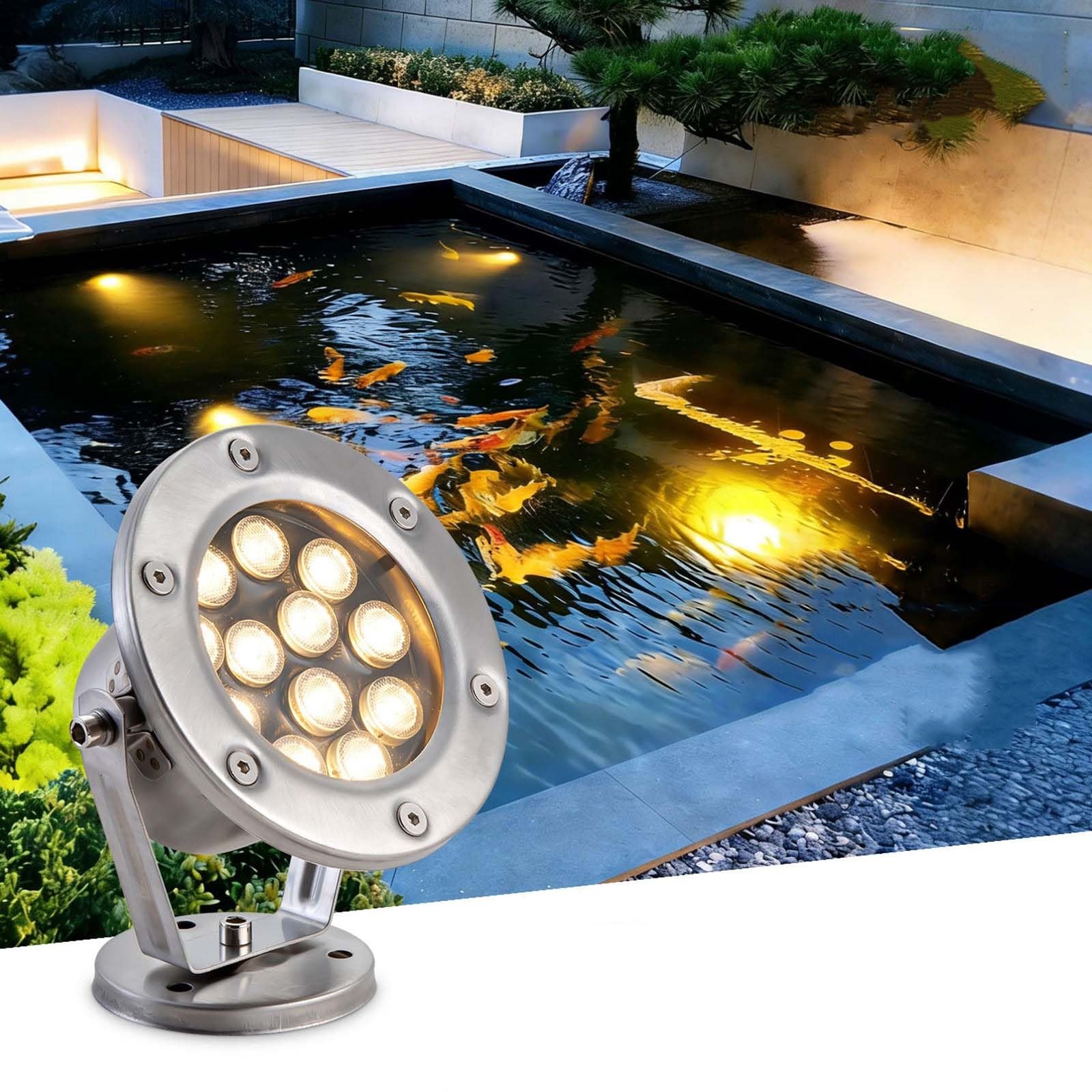 LED Underwater Pond Lights, Rotation Spotlight, 12V Submersible LED Lights, IP68 Waterproof Underwater Light, for Gardens, Pools, and Courtyards(RGB,15W)
