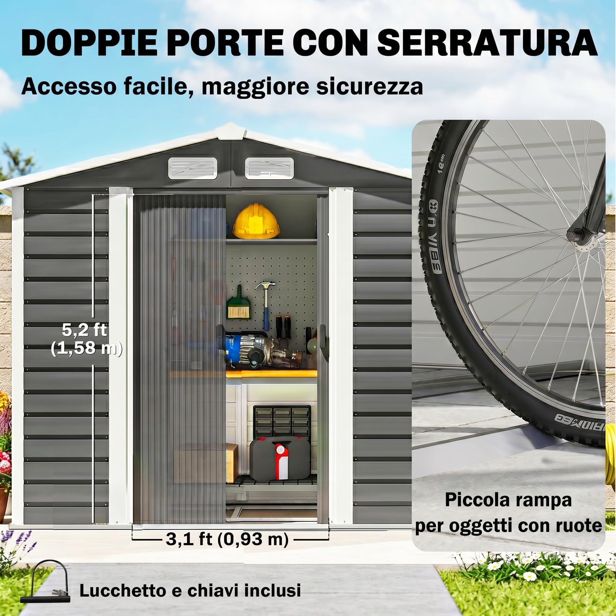 Outsunny Casetta da Giardino 2.36 m² Lamiera d'Acciaio 4 Prese d'Aria 2 Porte Scorrevoli Capanno Porta Attrezzi Tetto Inclinato 213x120x194 cm Grigio Scuro