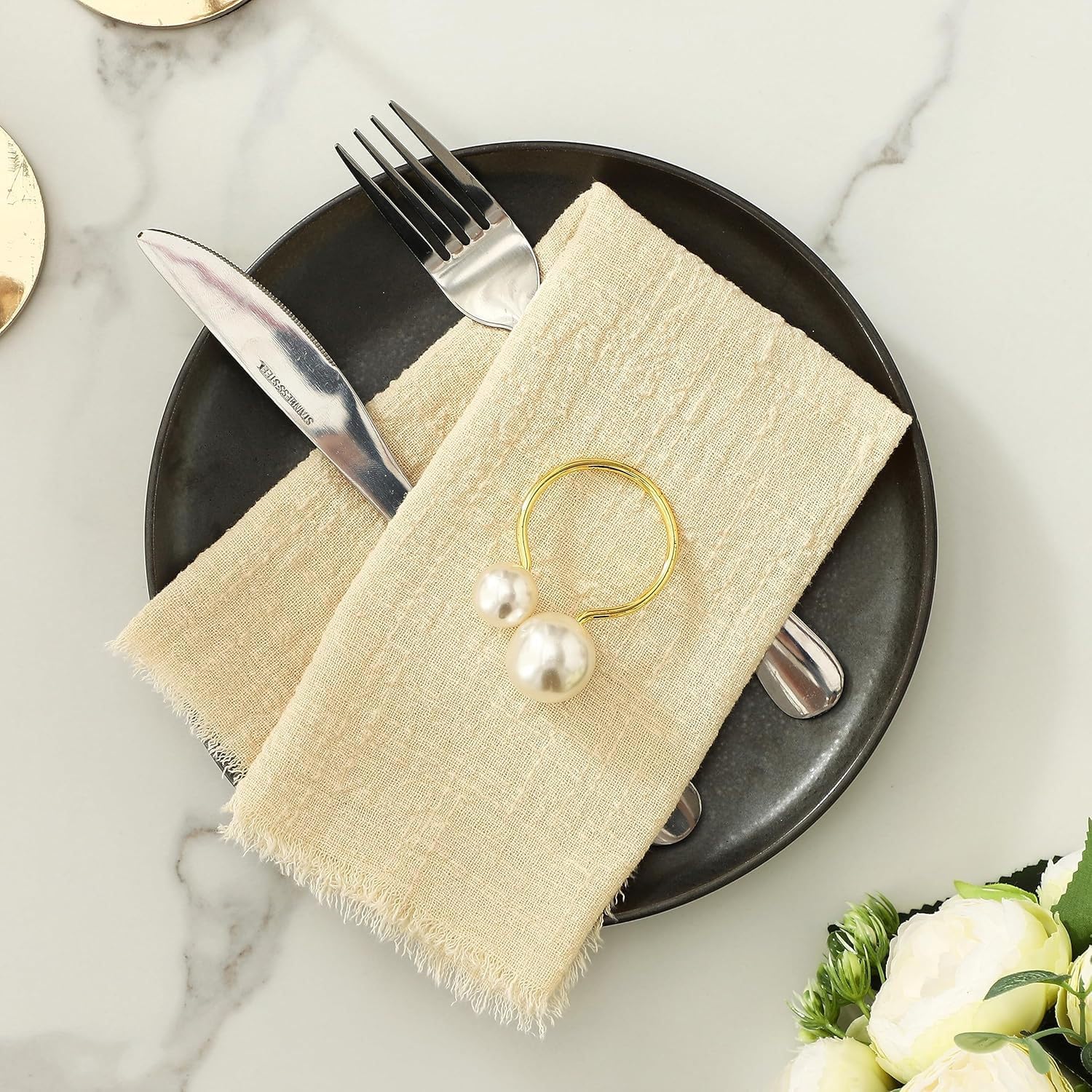 Lot De 6 Serviettes En Tissu Coton 42x42 Cm - Avec Franges, Couleur Kaki - Pour Table Fête, Mariage, Restaurant