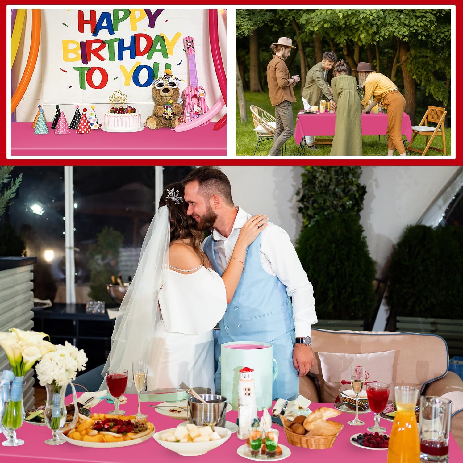 54 Inch x 200 Feet Hot Pink Plastic Tablecloth Roll Cut to Size Disposable Table Cover with Cutter Box Plastic Table Cloth for Party, Wedding, Birthday
