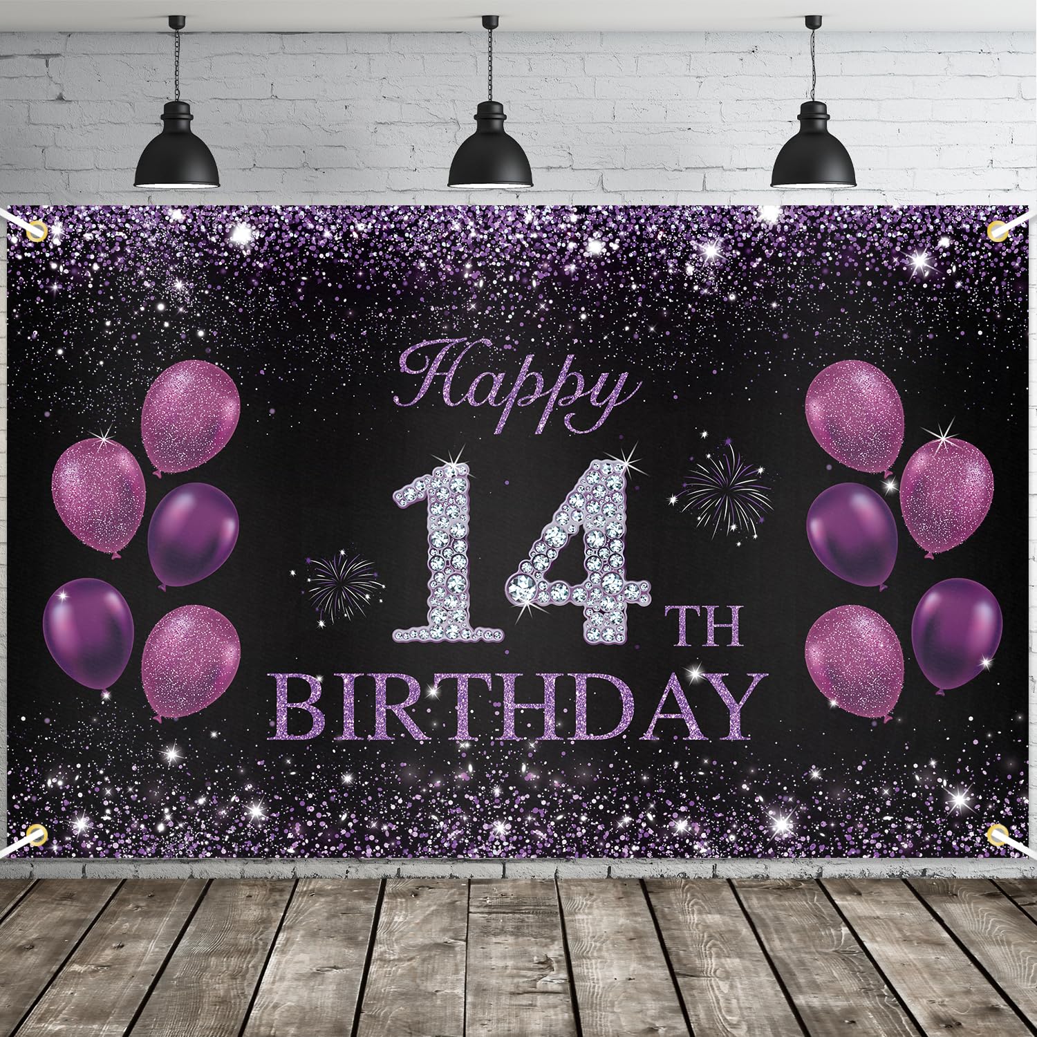 JOYKY Happy 14th Birthday Banner, Purple Happy 14th Birthday Party Decorations for Girls, 14 Year Old Birthday Supplies Backdrop Décor, 5.9 X 3.8 Fts — image 1