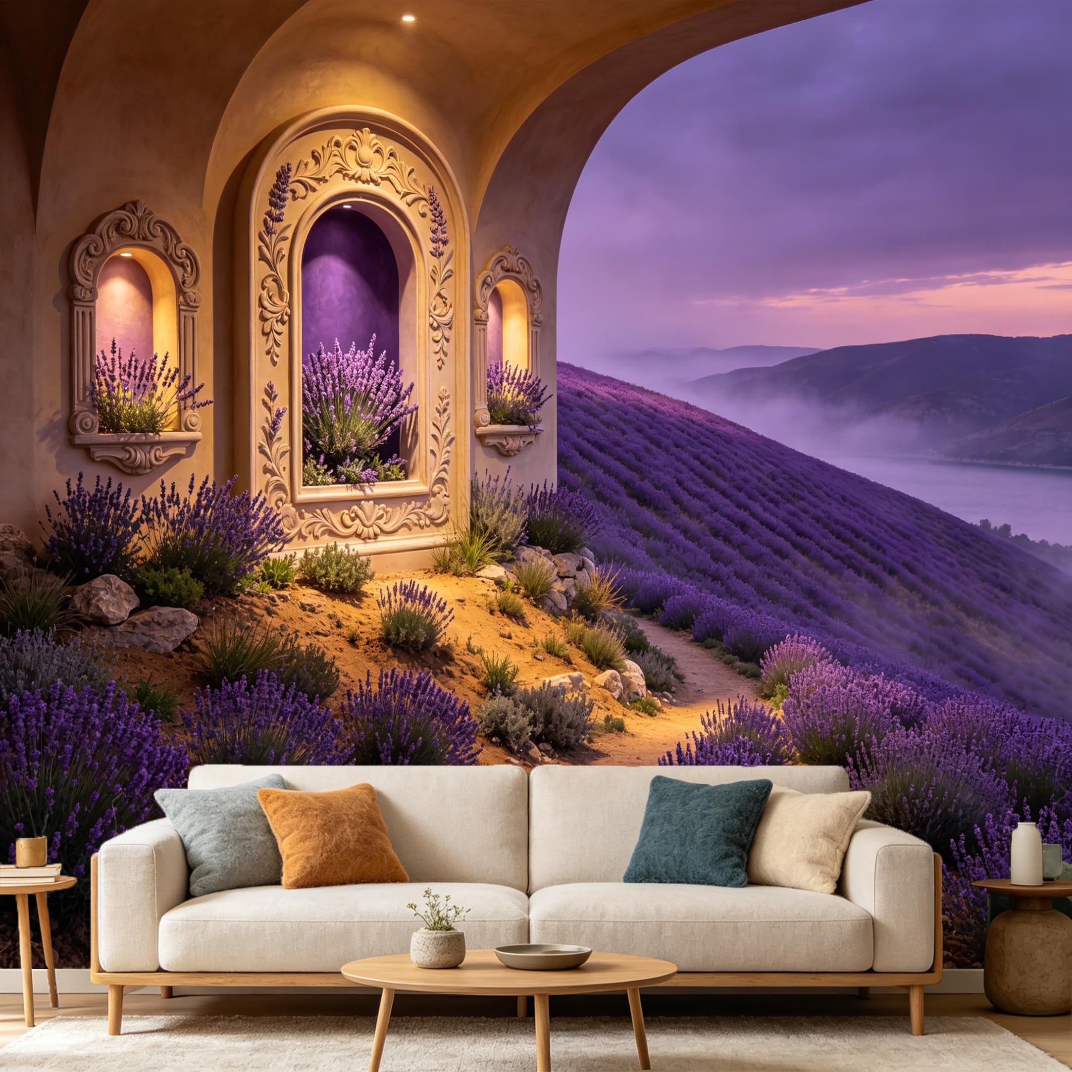Custom Size Wall Mural， Provence Lavender Field Landscape Tuscany Arch View， SelfAdhesive Art Prints wall Fabric Removable Large Wallpaper Home Living Room Decor