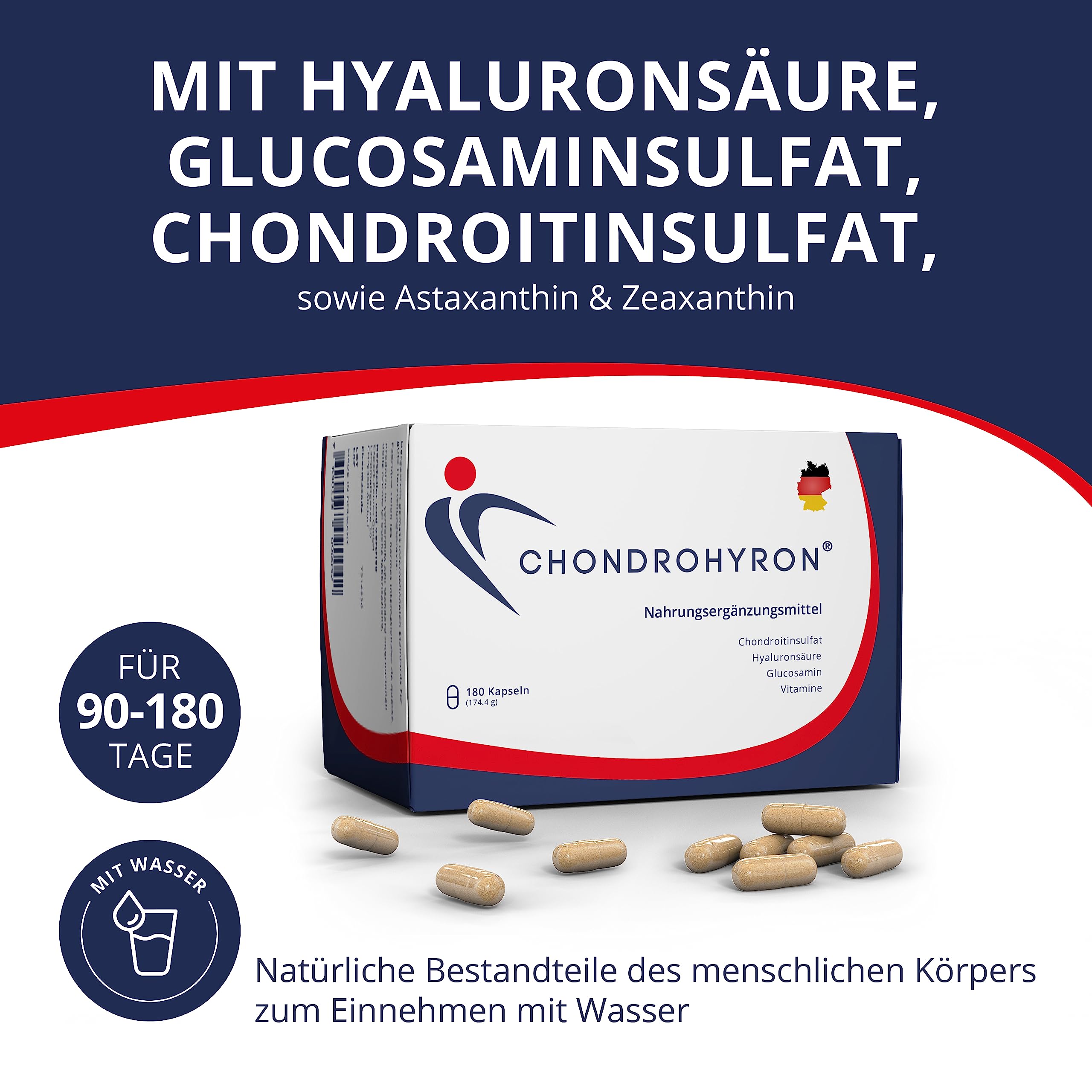 180 Hyaluronsäure Kapseln hochdosiert - Glucosamin Chondroitin hochdosiert - Hyaluron Kapseln - Made in Germany - Mit hochwertigen Vital- und Aufbaustoffen - Glutenfrei & Laktosefrei