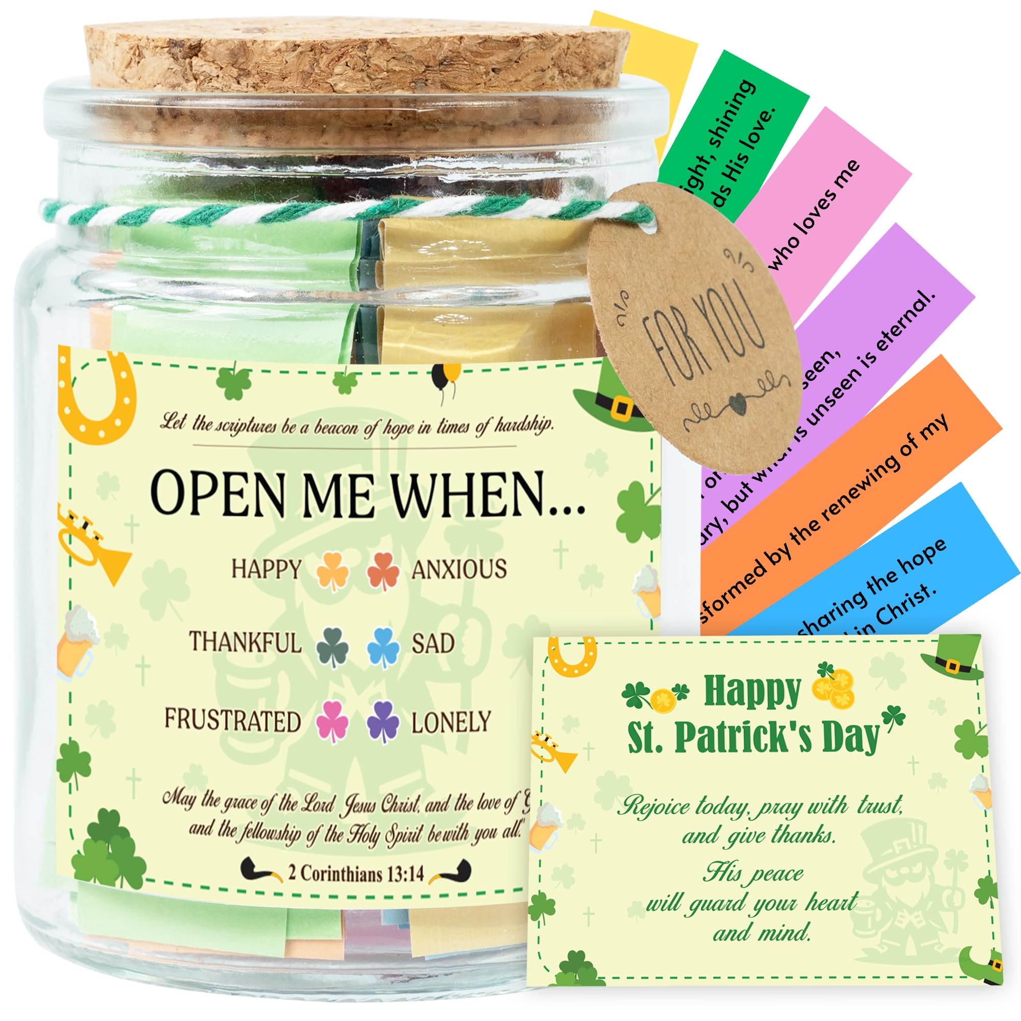 St Patricks Day Version Bible Verses Jar – St. Patrick’s Day Gifts for Women, 92 Bible Jar Folded by Hand, Glass Jar with Cork Lid, Gift Box