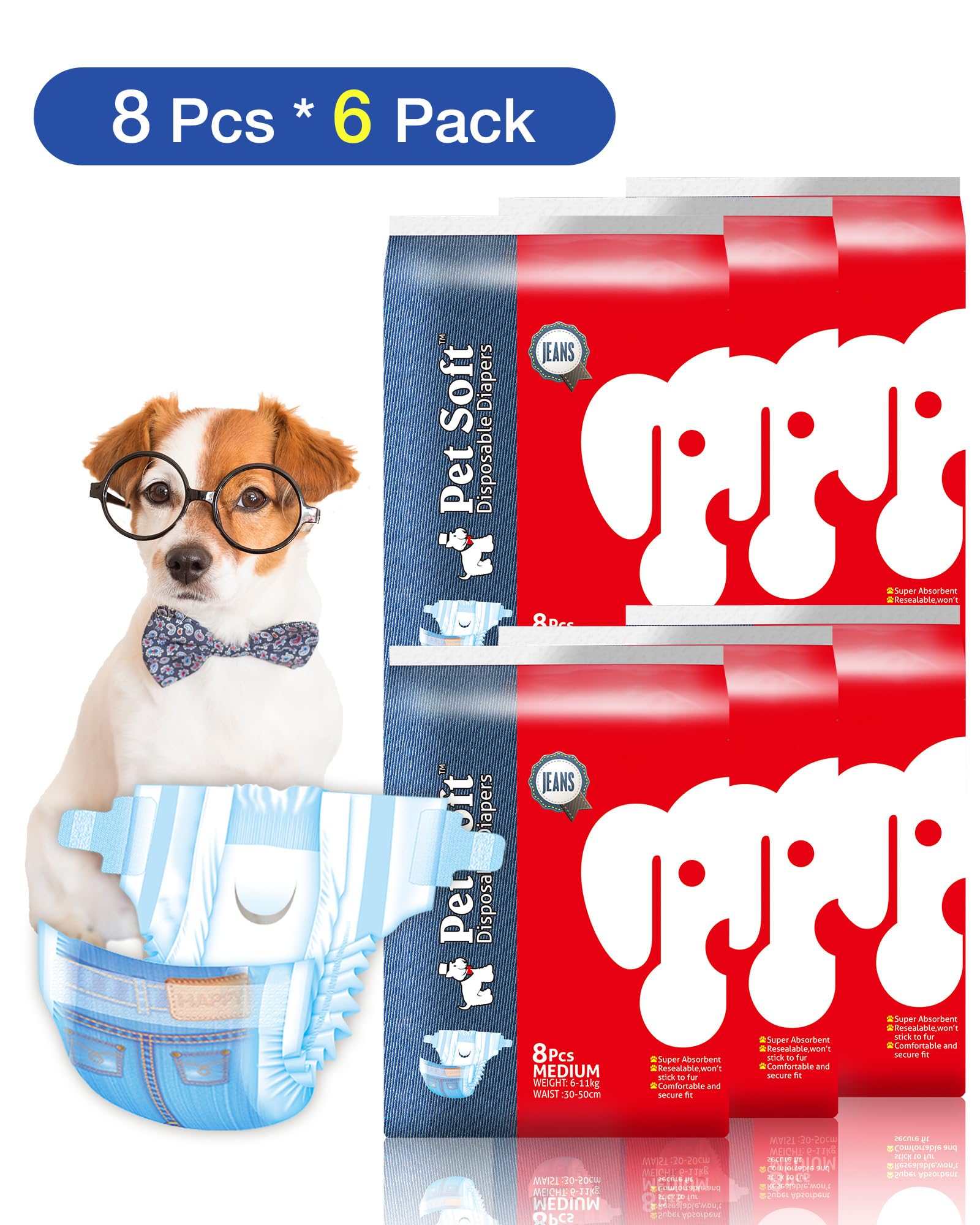 Pet Soft Couches pour Chiennes,48 pièces,Couches pour Chats Incontinent,Couches pour Chiots, Super Absorbantes, Style Denim-Jeans,XS,S,M
