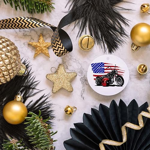 Miniatura 6 de Adornos de Navidad para motocicleta con bandera de Estados Unidos, adornos colgantes para árbol de Navidad, recuerdo de cerámica