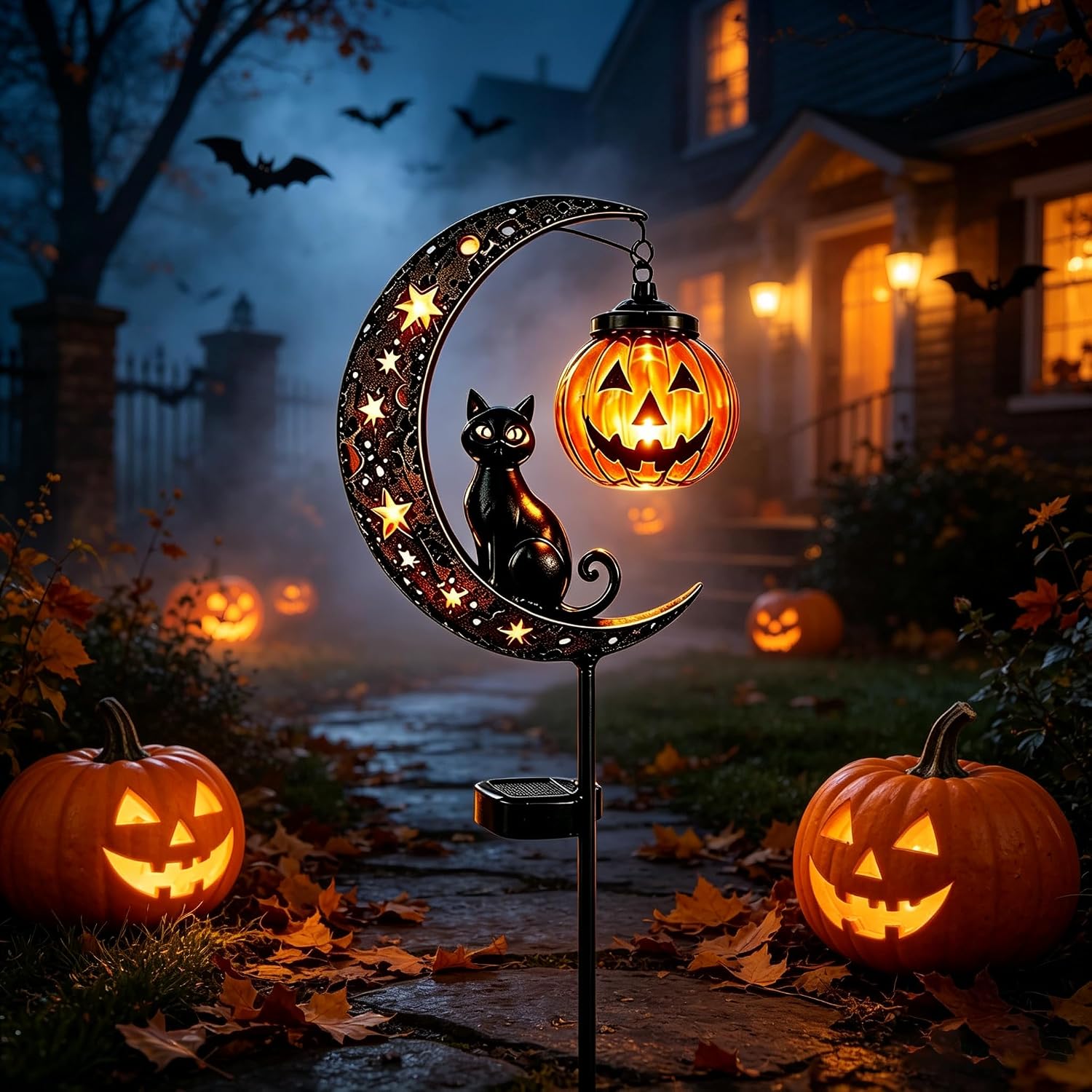 Solar Halloween Black Cat Pumpkin Moon Garden Stake Light