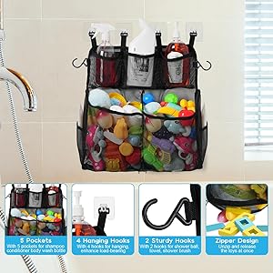 DOCMON Bath Toy Organizer, 2 Layers Large Capacity Bath Toy Holder for Bathtub, Quick Dry Bath Toy Storage with Buttom Zipper, Bath Toy Net Basket Mesh Shower Caddy for Bathroom Toys Toiletry - Black