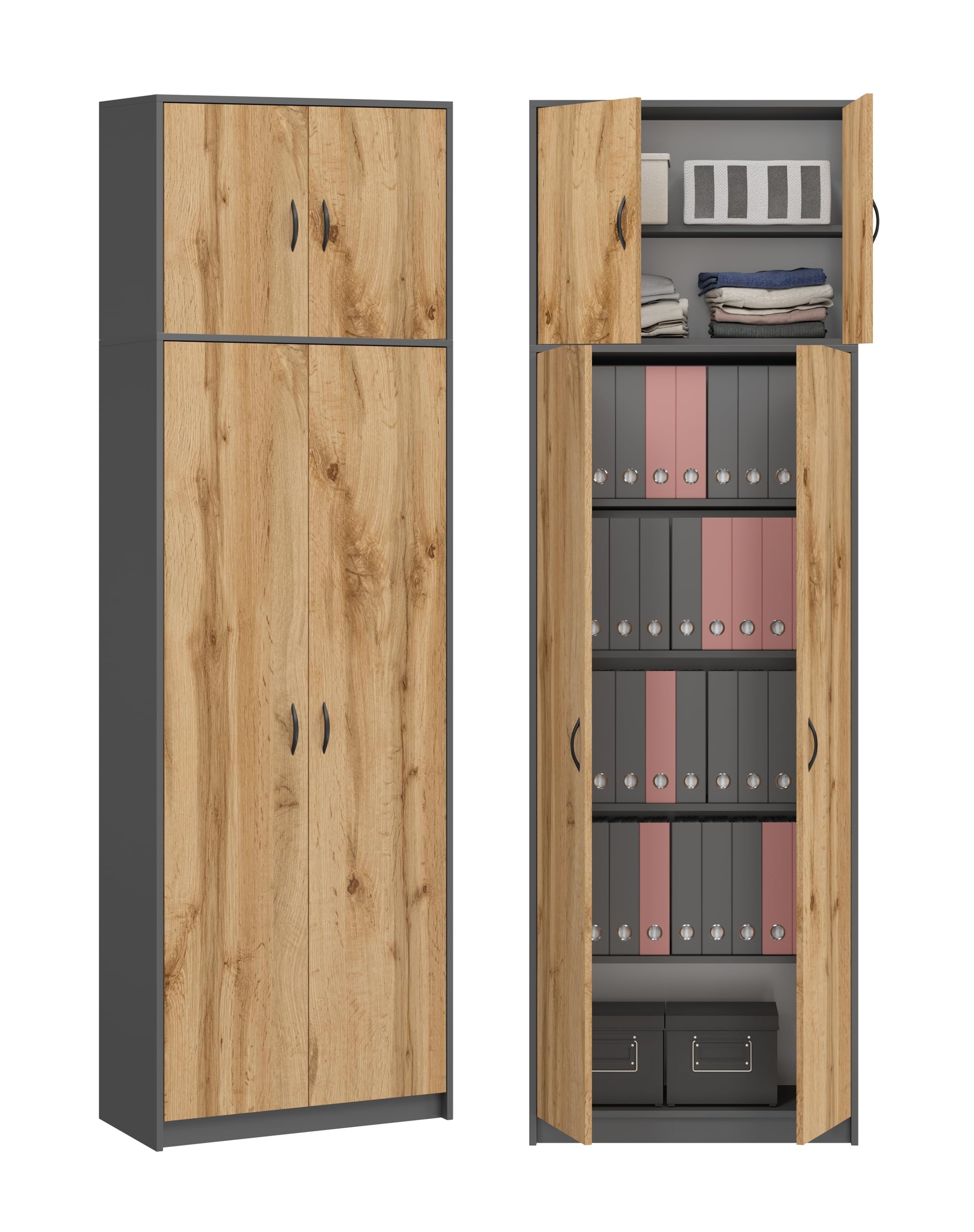 Armario Alto de Oficina, archivador, Armario con 4 Puertas y 7 Compartimentos, Armario Multiusos 235 x 74 x 35 cm (Grafito/Roble Wotan)