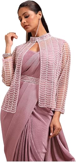 Soch Womens Nylon Blend Solid Ready To Wear Saree With Beads