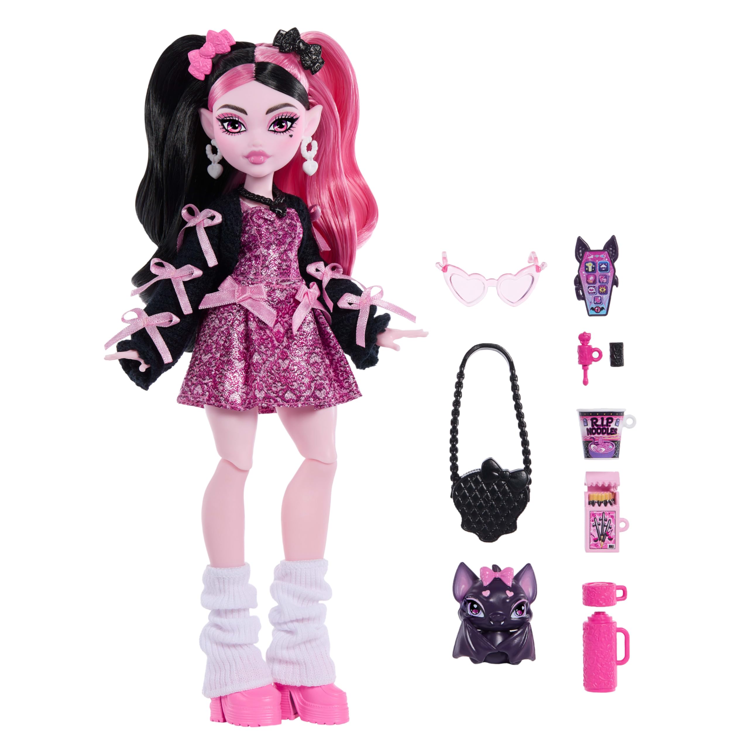 Monster High Doll, Draculaura in Pink Bow Dress and Black Cardigan with Pet Bat Count Fabulous and 7 Accessories like Ramen - Image 3