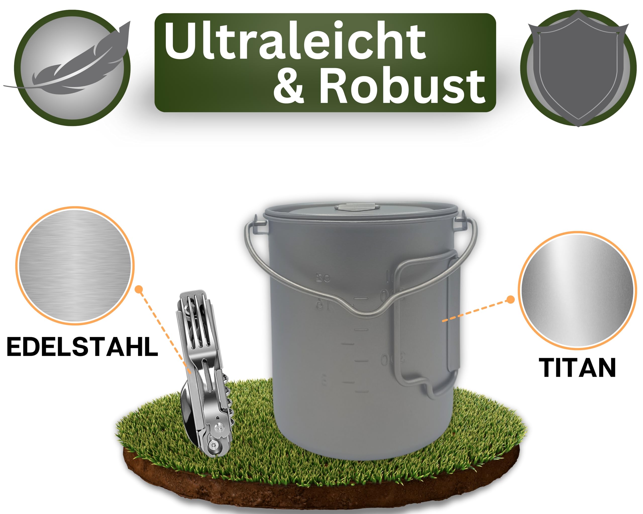 Titan Topf Outdoor inkl. 5-in-1 Edelstahl Klappbesteck - Ultraleicht 146g für Trekking & Bushcraft - 750ml, faltbar - Camping Geschirr Titanium Survival Topf