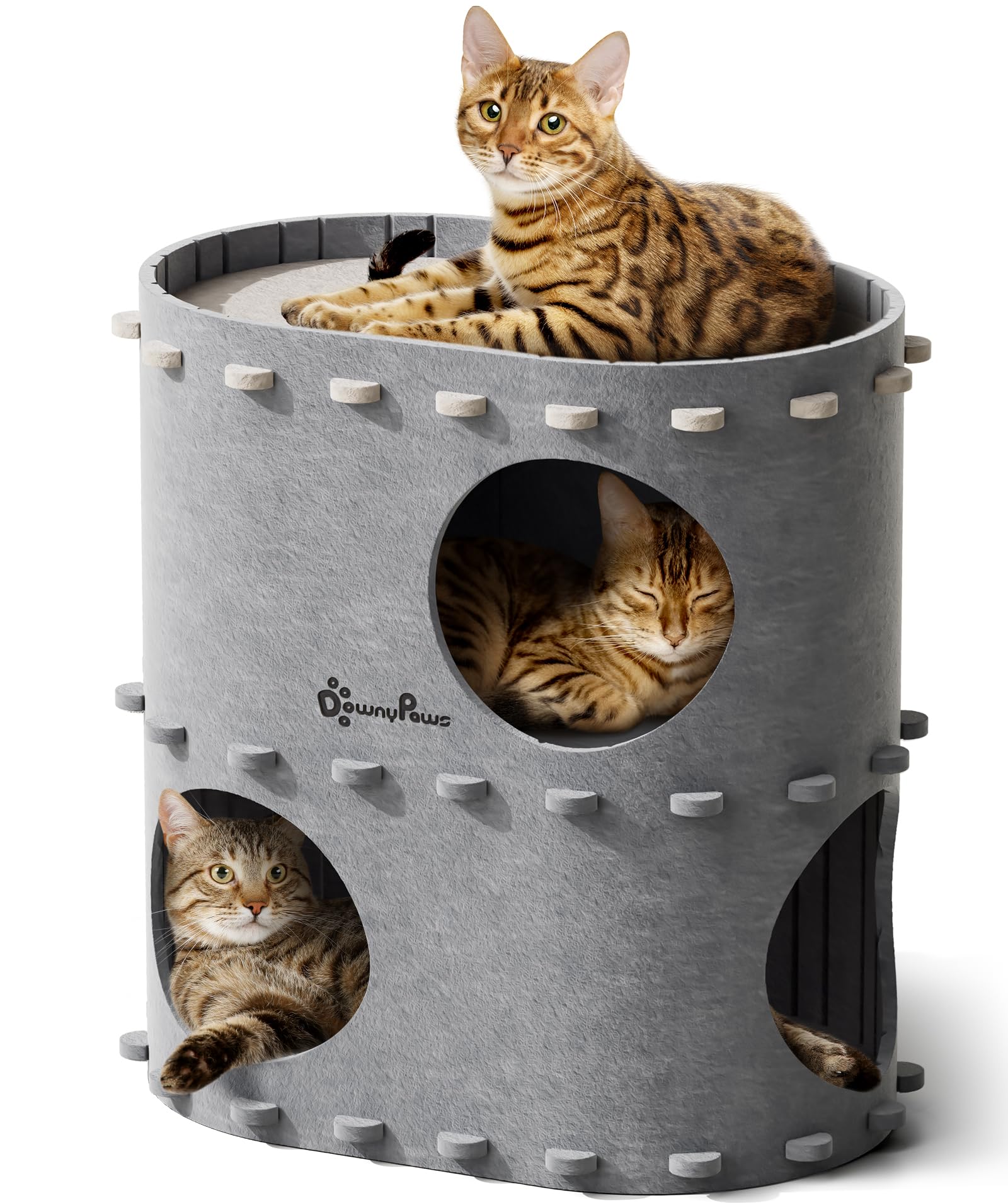 DownyPaws Cat House for Indoor Cats, 2-Storey Cat Bed Cave, Felt Cats Tunnel Bed Condo, Castle Kitten Cube Hideaway for Multicats, Scratch Resistant, Gray