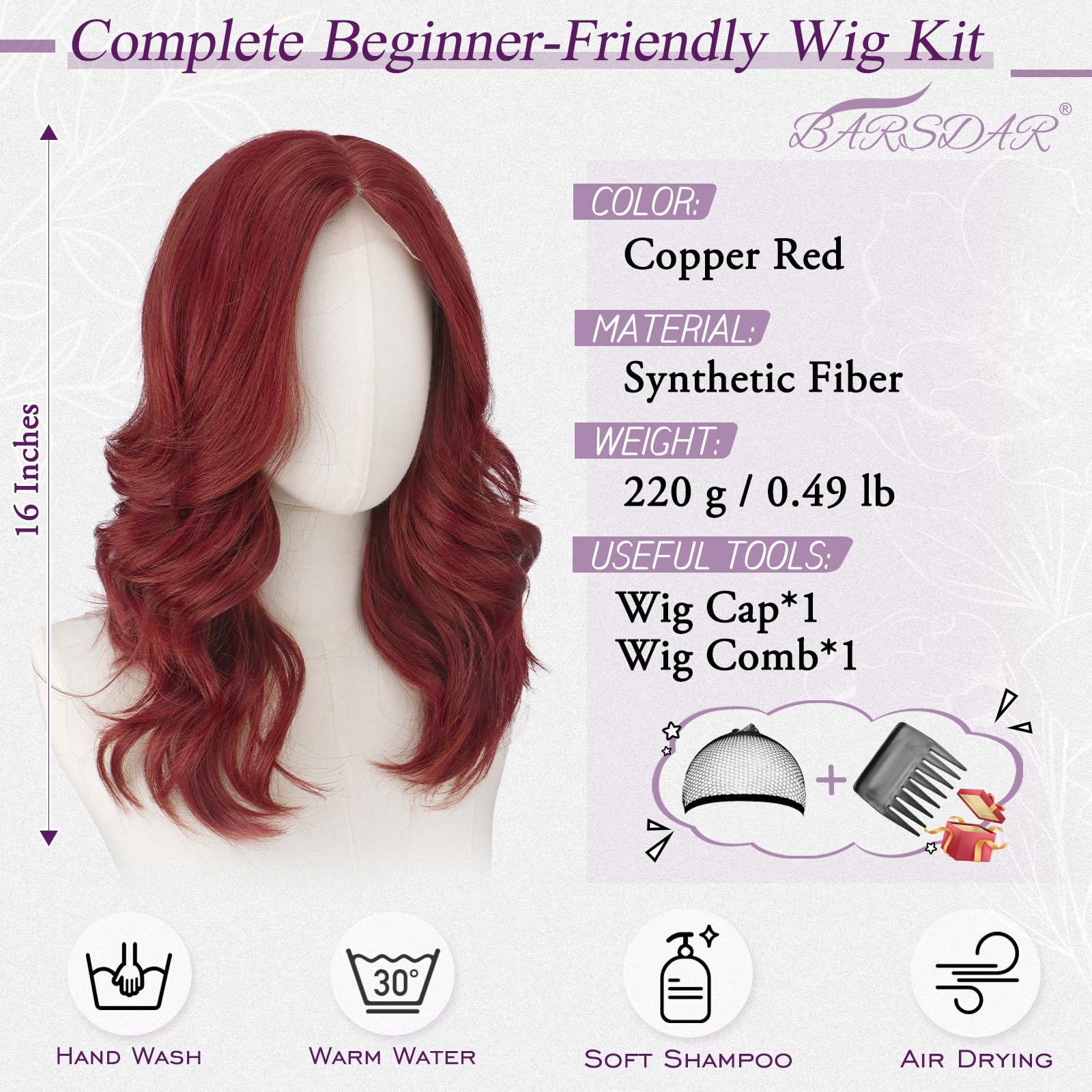 BARSDAR Corta Ondulada Cobrizo Rojo Peluca, 40cm Shoulderlongitud Cobrizo Pelucas para Mujer Corta Wave Layered Peluca con Face-Framing Curtain Bangs Aspecto Natural Sintética Pelucas de Pelo Party