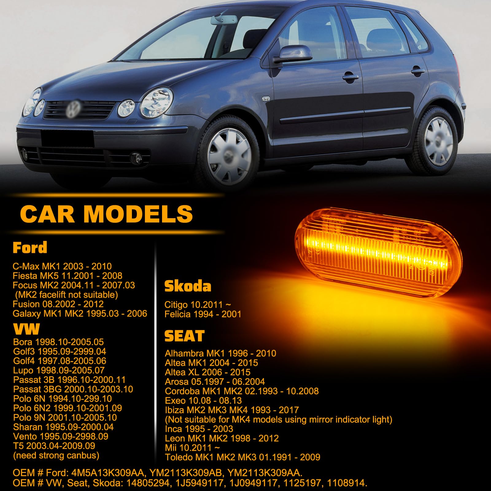 LED kierunkowskazy światła pozycyjne boczne dla VW Amarok Caddy Golf Polo Sharan MK2 MK3 MK4 Fox Jetta Lupo Passat Transporter T5 Up Vento SEAT/Ford, kierunkowskazy z funkcją Canbus bez