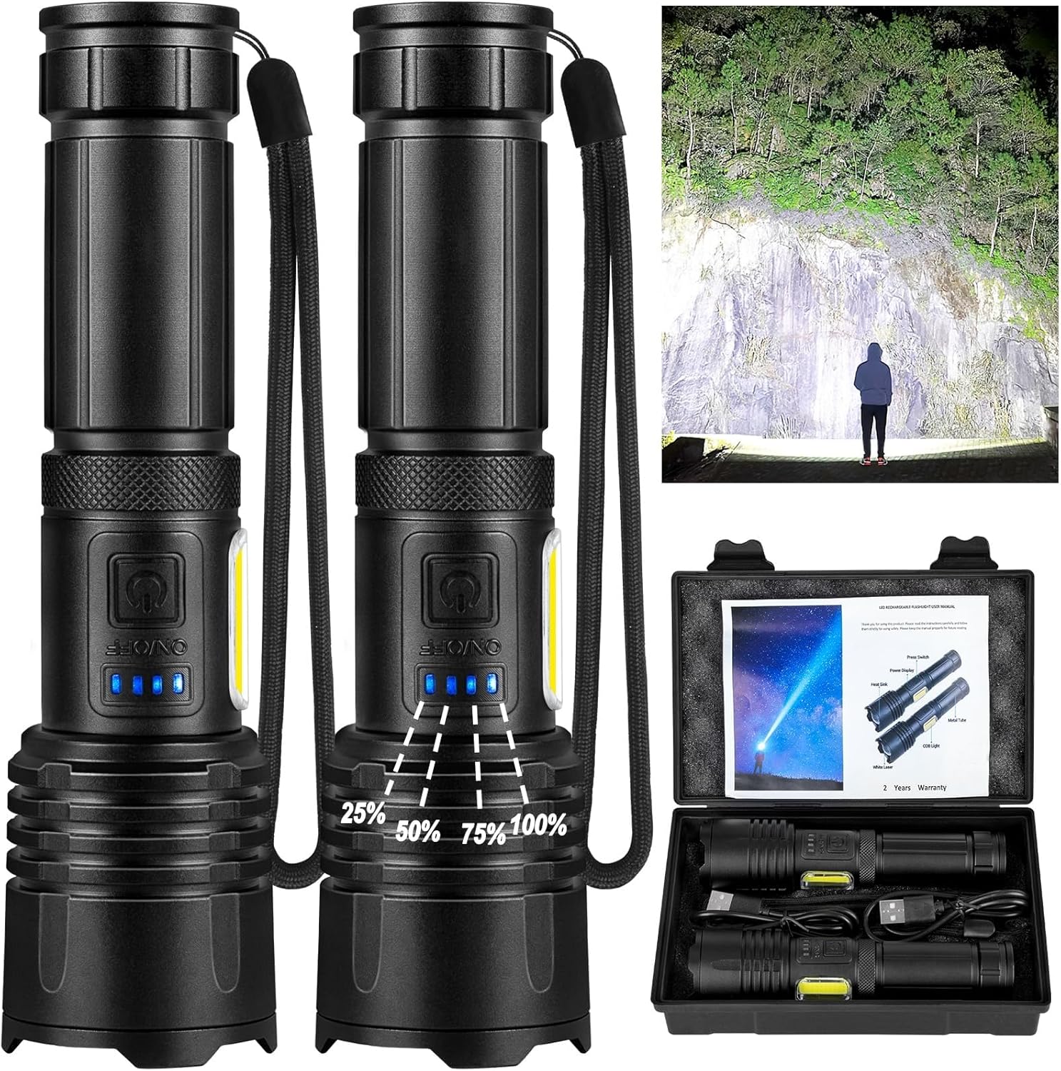 Rechargeable LED 90,000 High Lumens Flashlights, 2 Pack Super Bright Flash Light with Cob, 7 Modes IPX7 Waterproof,Powerful Handheld Flash Light for Home, Camping