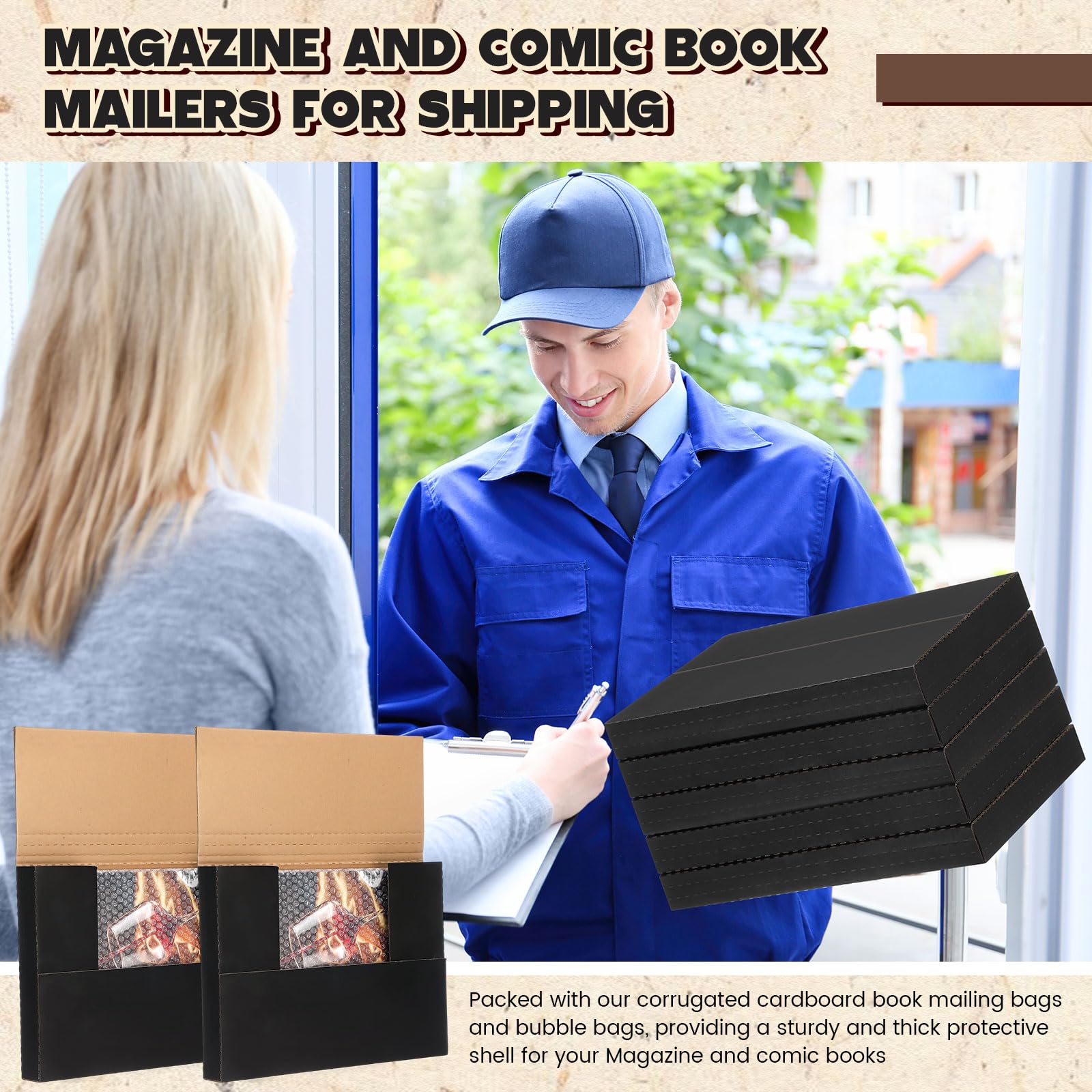Fullhawl Paquete de 30 sobres de cómics corrugados con 30 bolsas de burbujas, caja de envío de cómics, caja de fotos de cartón fácil de plegar para embalaje por correo, altura ajustable (negro, 7.8 x