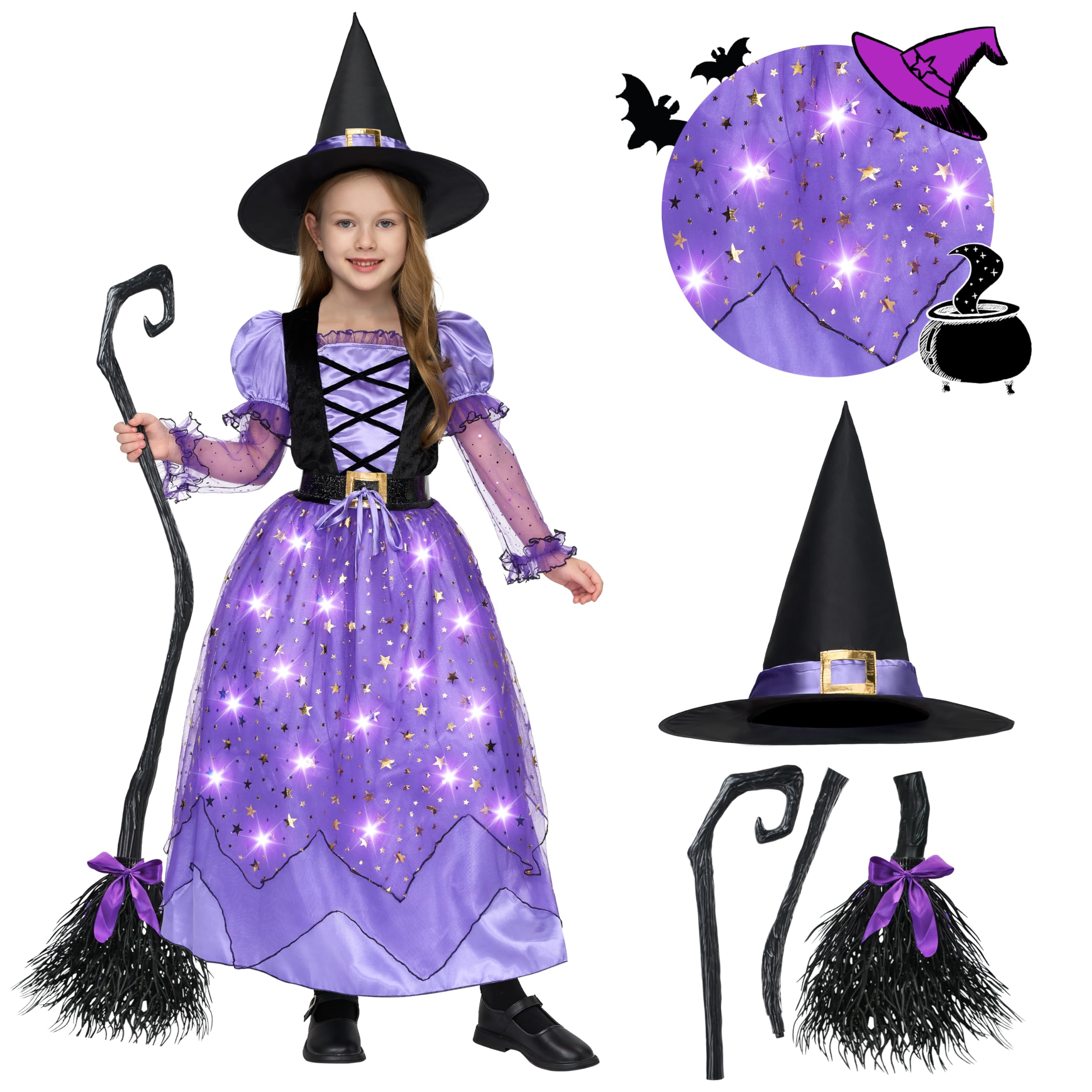 Spooktacular Creations Kostium czarownicy dla dziewczynki, świecący kostium czarownicy dla dzieci, gwiaździsta sukienka czarownicy z kapeluszem na pasek na miotły, dla dziewcząt, Halloween, impreza