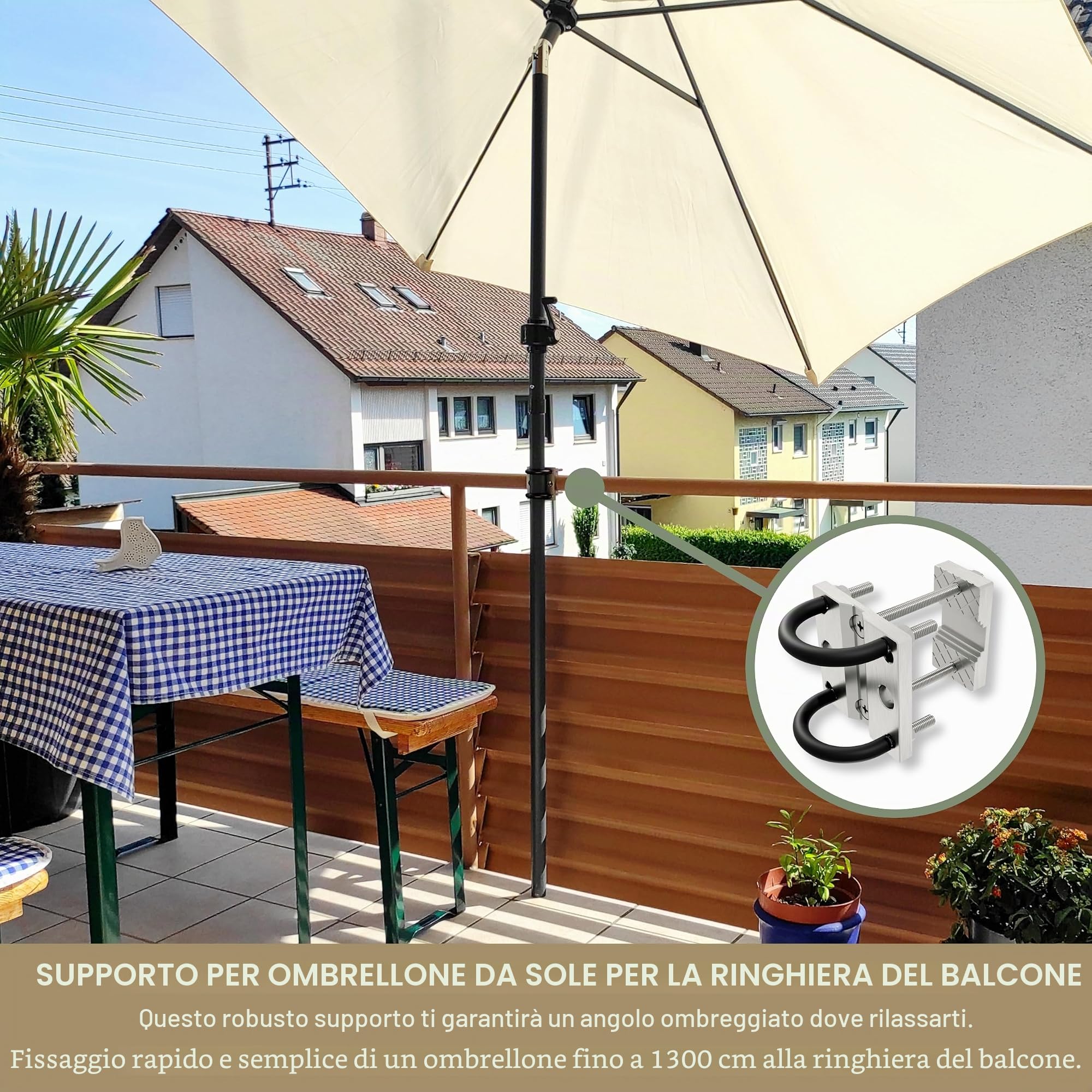 Supporto per ombrellone in acciaio inox per ringhiere di balconi rotondi e quadrati Supporto per ombrellone Supporto per ombrellone da balcone Staffa stabile per il fissaggio sicuro alla ringhiera