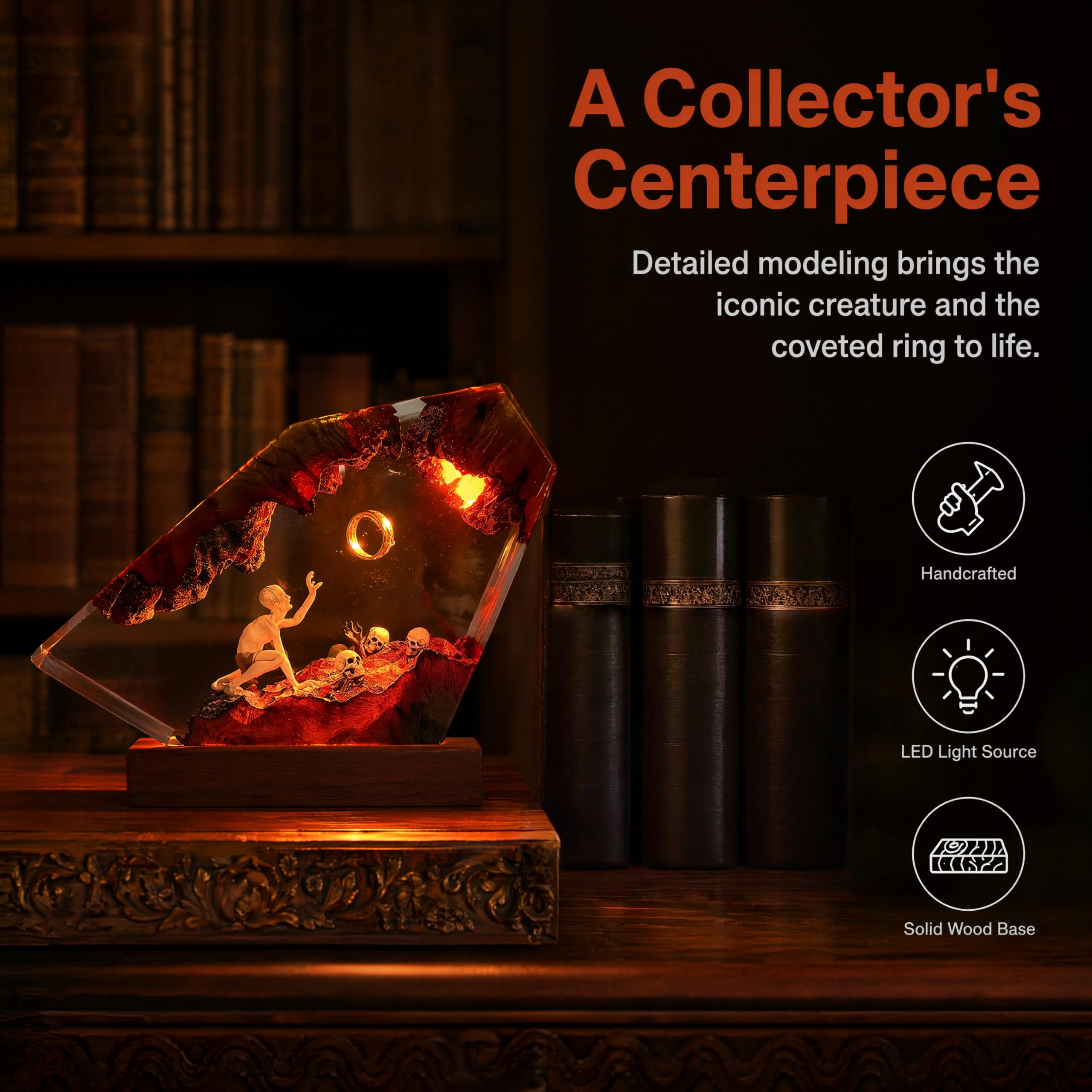 Lampada in resina epossidica, anello del Signore Oscuro, luce notturna a LED realizzata a mano in resina di legno massello, porta USB, decorazione per comodino della camera da letto, regalo di