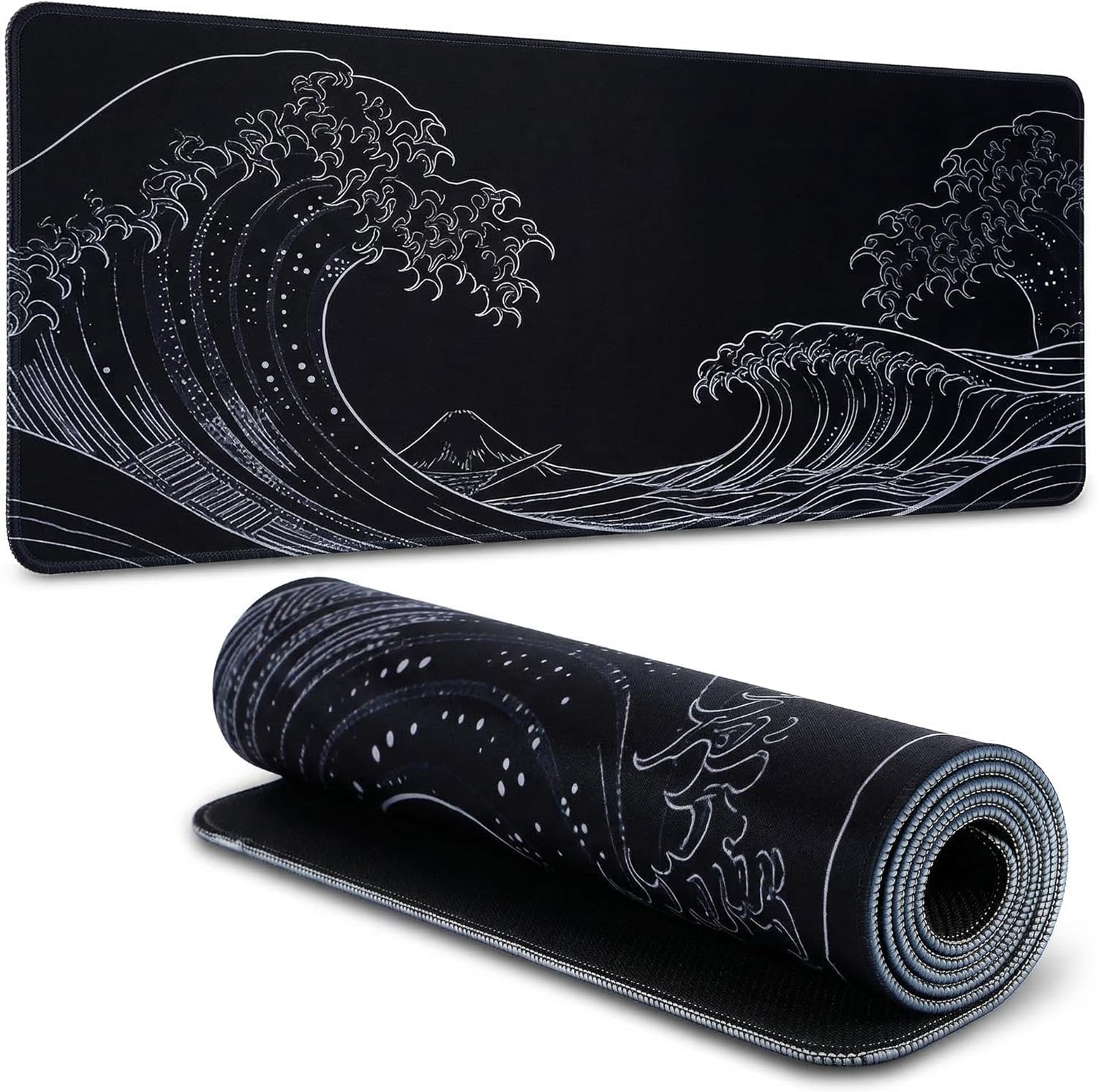 Large Gaming Mouse Pad 31.5x11.8 inch, 3mm Thick Non-Slip Rubber Base with Stitched Edges, Japanese Wave Style Desk Mat for Office, Home, Game