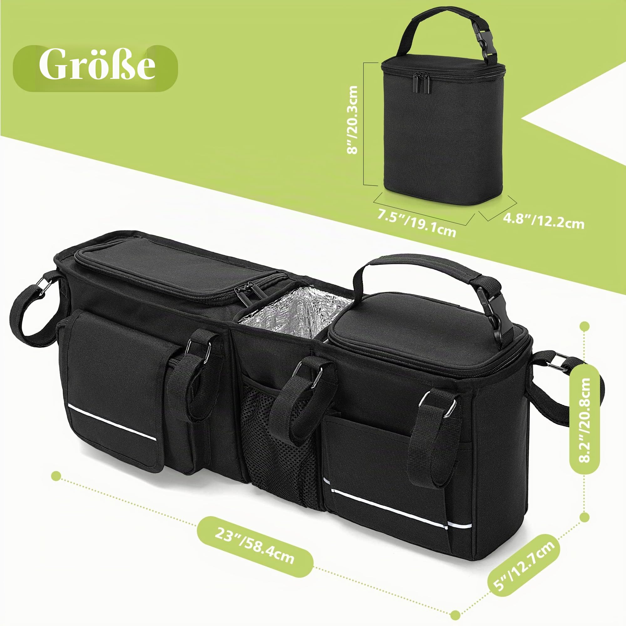 HODRANT Hängender Doppel Kinderwagen Organizer, Kompatibel mit City Mini GT2 Double & Kompatibel mit BOB Duallie Kinderwagen, Kinderwagen Caddy mit abnehmbarer Kühltasche, Nur Tasche