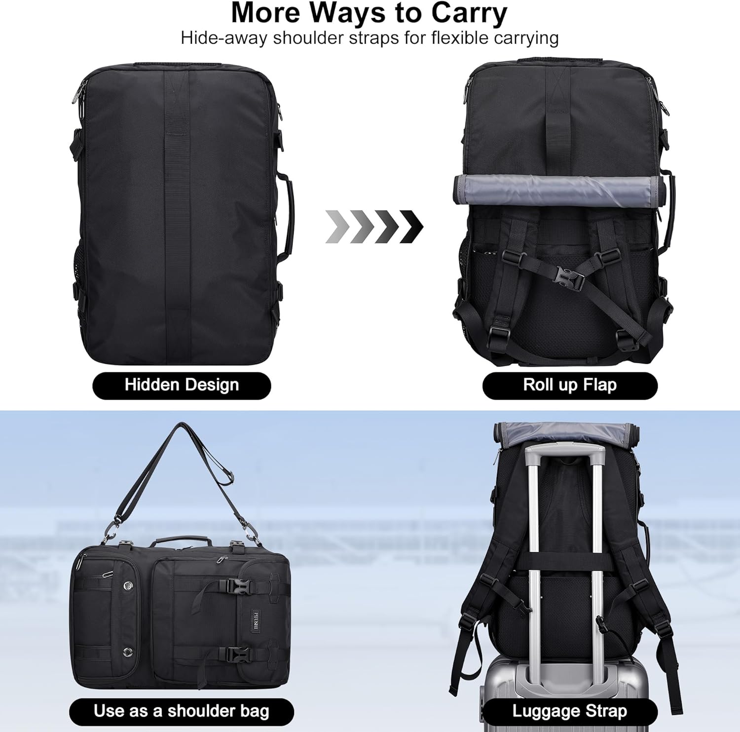 PIJUSHI Travel Backpack for Women Men Carry on Luggage Backpack Flight Approved Convertible Duffle Bag Fit 16 Inch Laptop(PE037 Black) - Image 3