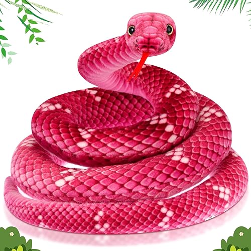 Hiboom Serpiente gigante de peluche grande, serpiente de peluche realista, juguete de serpiente realista, regalo para fiesta de cumpleaños (rosa, 71