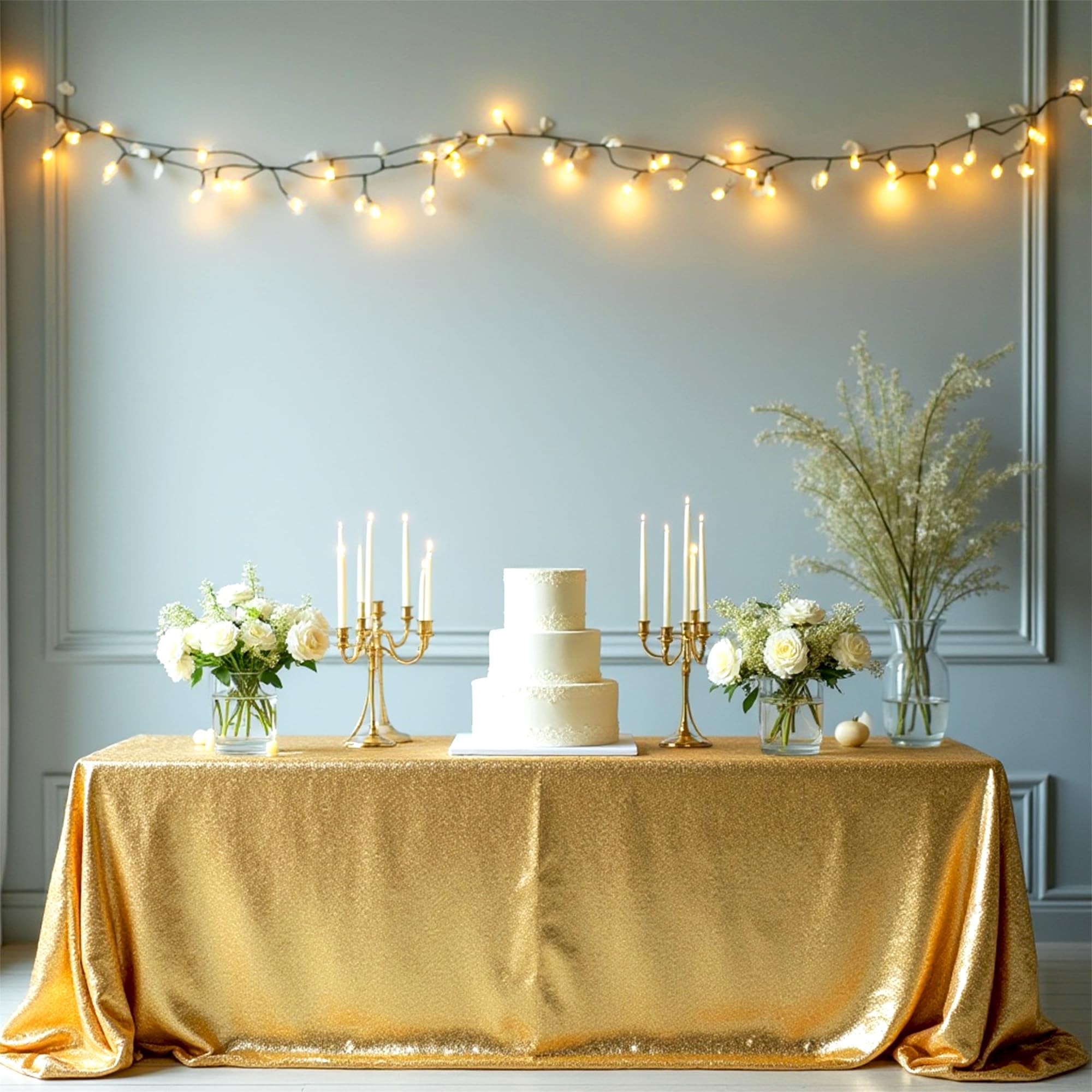 WedDecor Sequin Tablecloth 70" x 144" Rectangle Shiny Glitter Gold Table Cover For Birthdays, Wedding, Banquets, Christmas, Reception, Dining Party, Baby Shower, Table Decorations, Pack of 1 — image 1